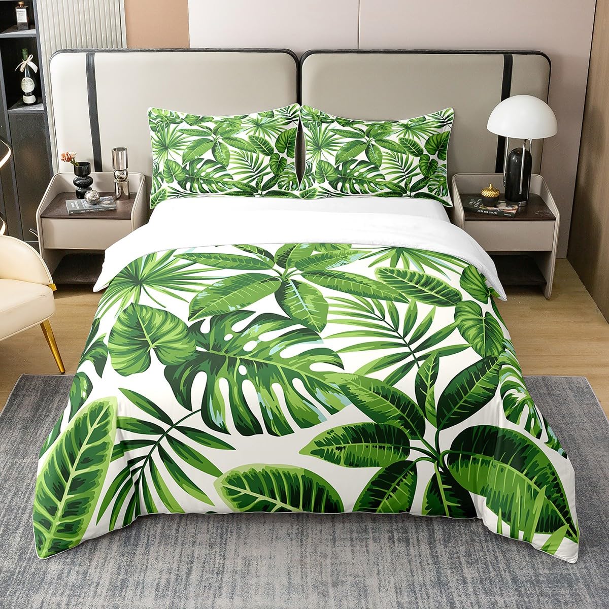 Tropical Leaves Duvet Cover 100% Cotton Queen Size Leaf Pattern Comforter Cover Set Botanical Leaf Branches Bedding Cotton Duvet Cover Set for Living Room Nature Theme Green Bedspread Cover