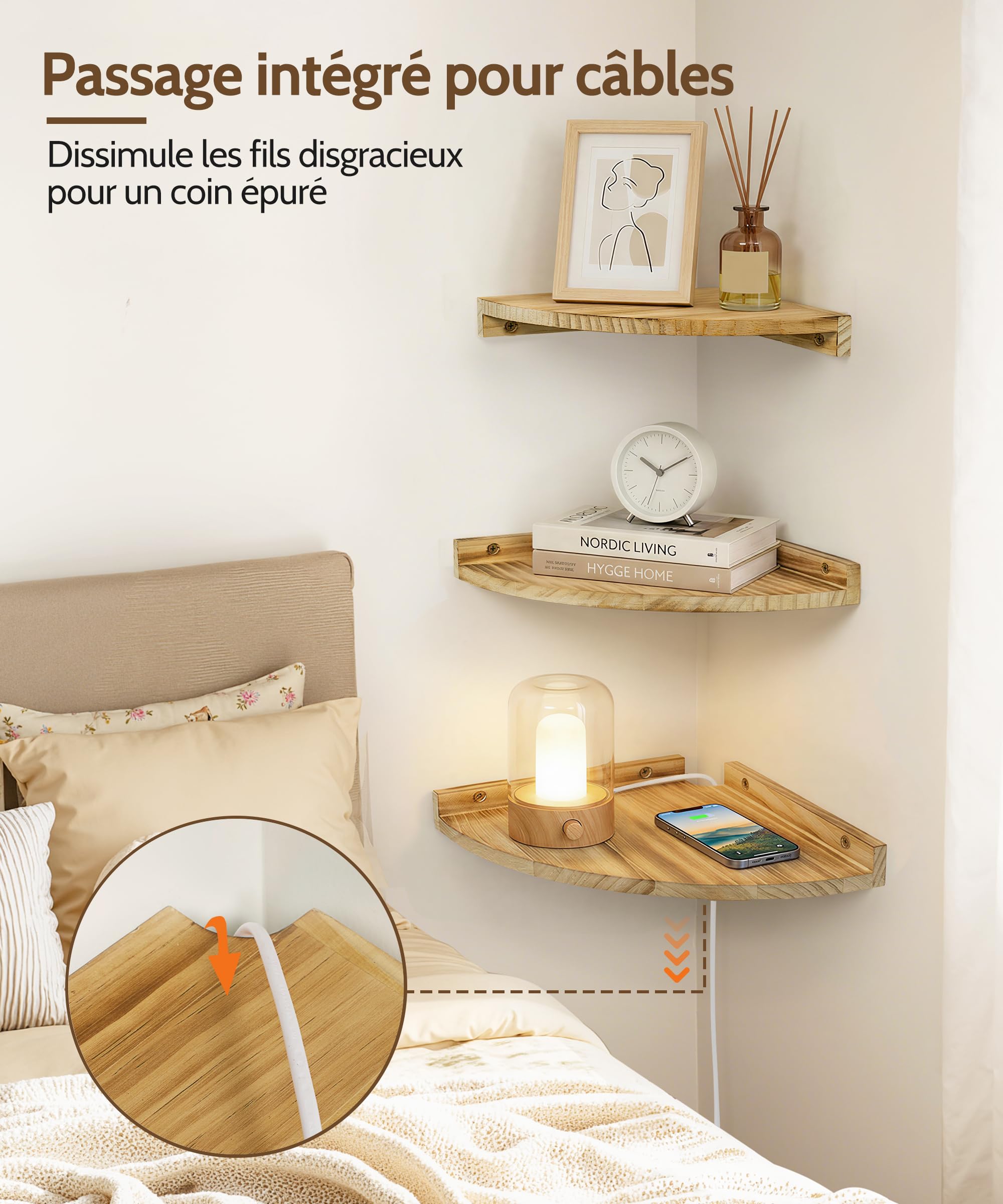 Étagères d’Angle Murales en Bois Style Vintage pour Salon Lot de 3 | Tablettes indépendantes suspendues, Passe-câble arrière,pour plantes, cadres et déco, salle de bain, cuisine, chambre