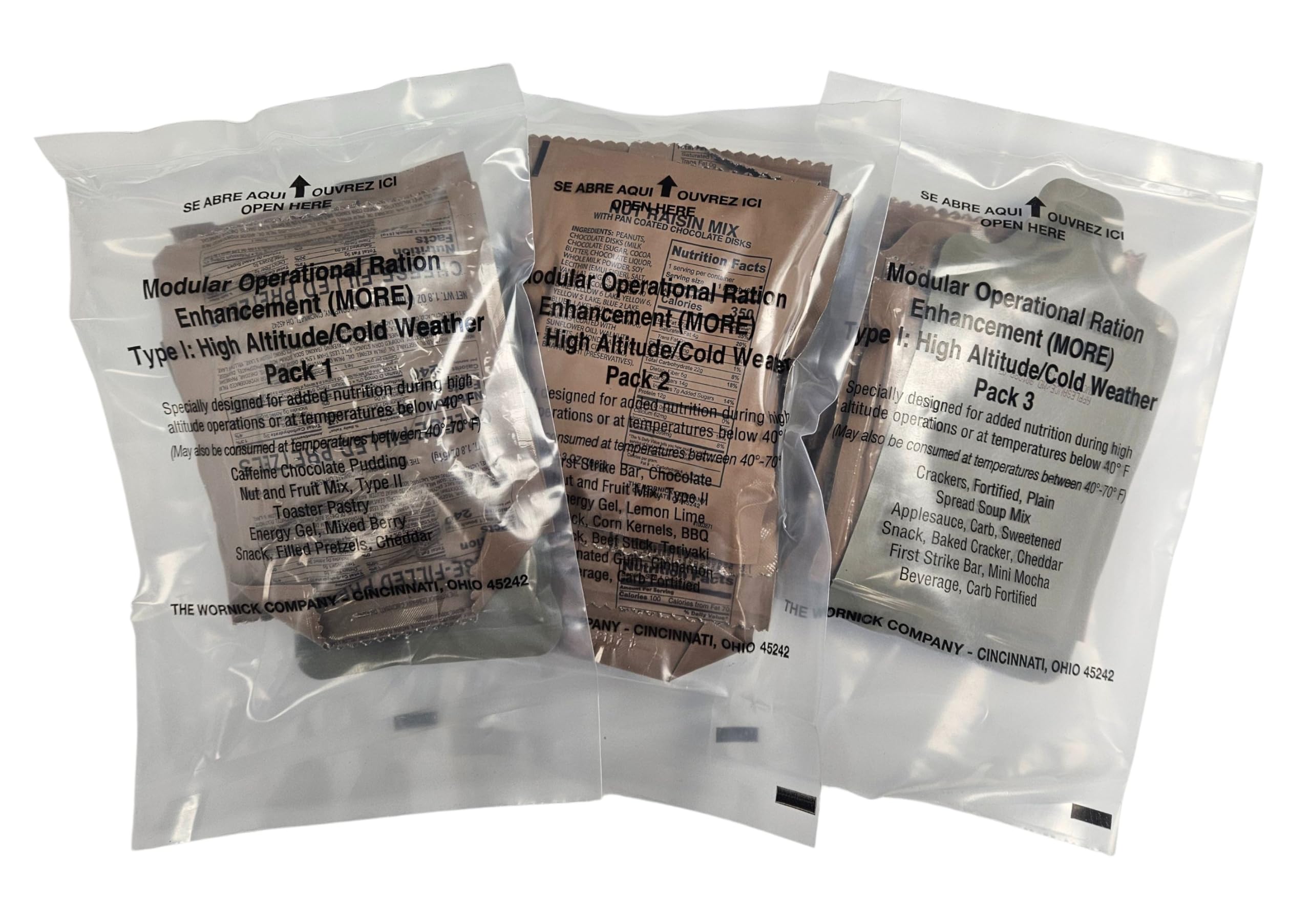 Authentic USGI M.O.R.E. (Modular Operational Ration Enhancement Food Packet) - Ration Supplement for MRE, FSR, MCW, HDR, HALAL, KOSHER or Other Rations - Approximately 1,000 Calories (3-Pack Sampler)