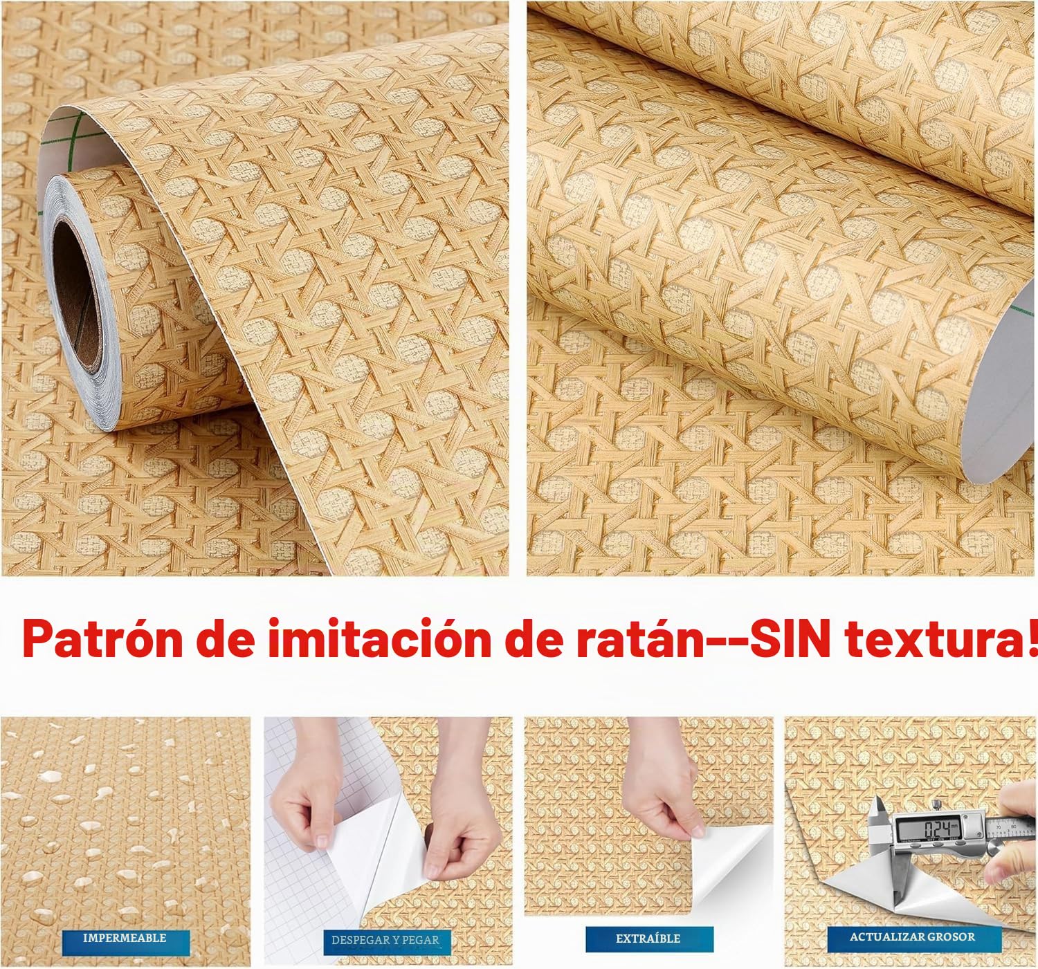 FunStick 60CMx5M Papel Pintado Pared Dormitorio Madera Vinilo Decorativo Puerta Armario Lavable Papel Pintado Efecto Ratan Tejida Caña Vinilo Adhesivo Pared Salon Baño Vinilos Adhesivos para Muebles