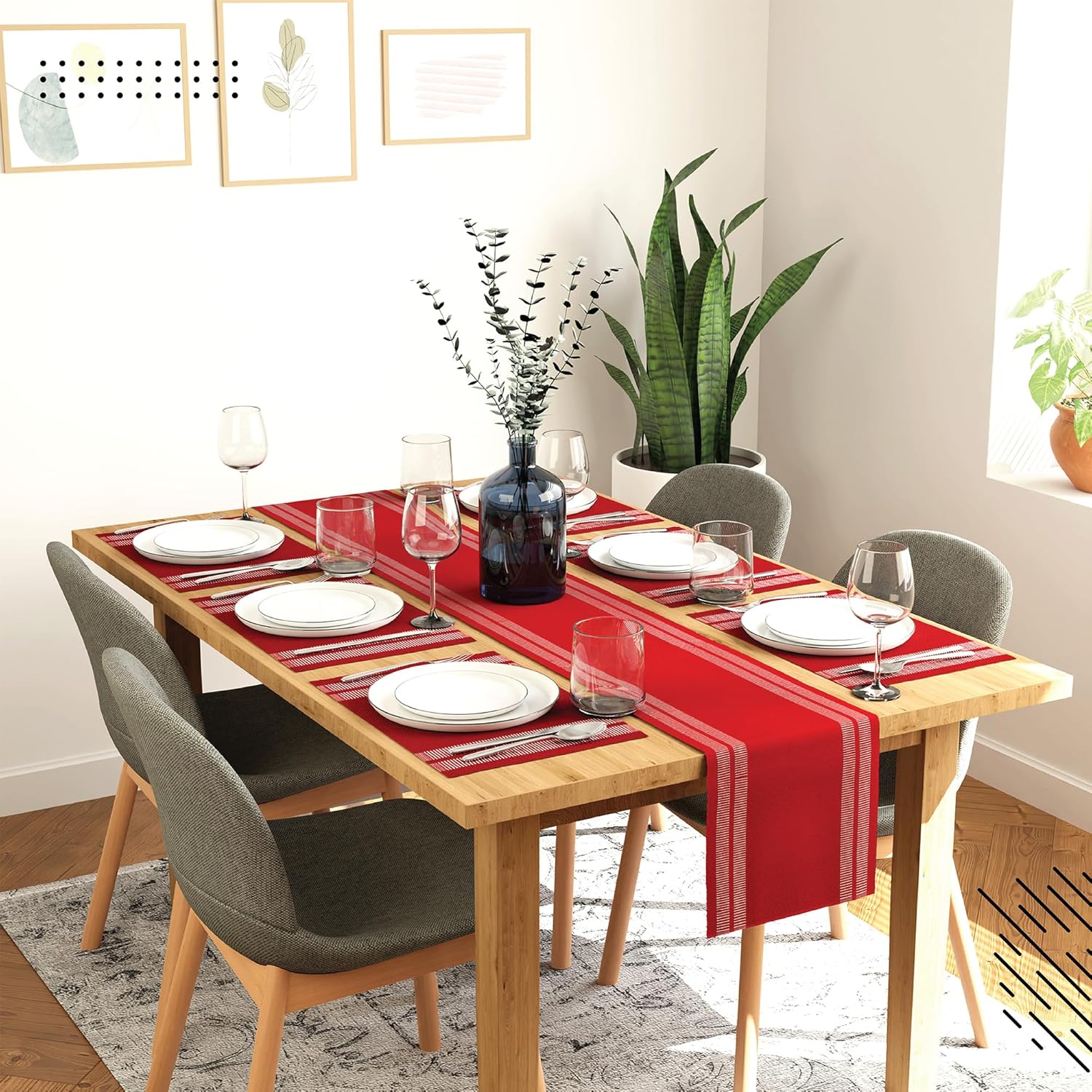 Encasa XO Table Runner and Placemats Set 6 | Fine Ribbed Cotton | Ladder Red | 1 Table Runner Size 13"x72" & Each Table Mat Size 19x13 Inch