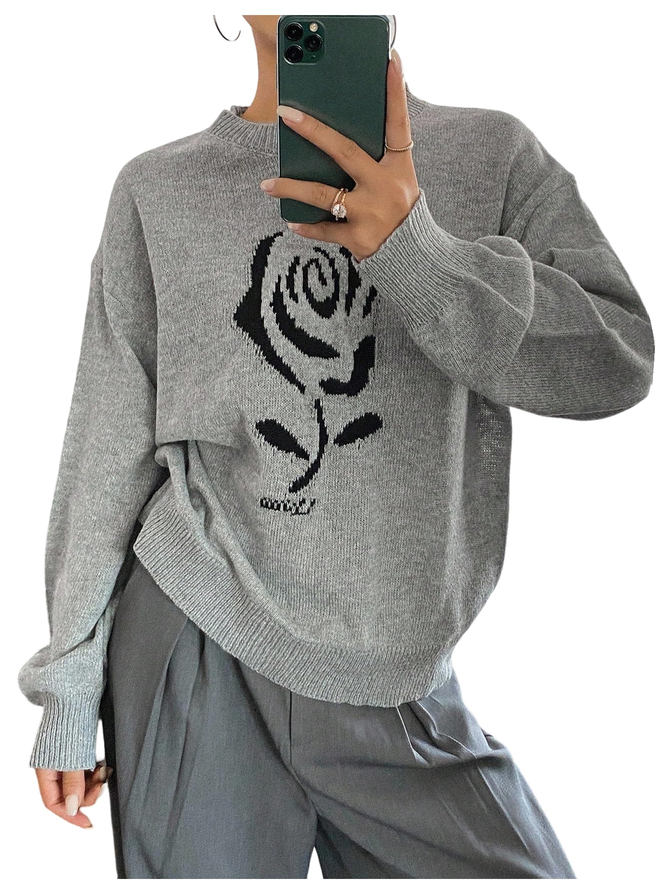 SOLY HUX Womens Floral Sweater Long Sleeve Crew Neck Drop Shoulder Knitted Pullover Casual Jumper Tops Fall Clothes