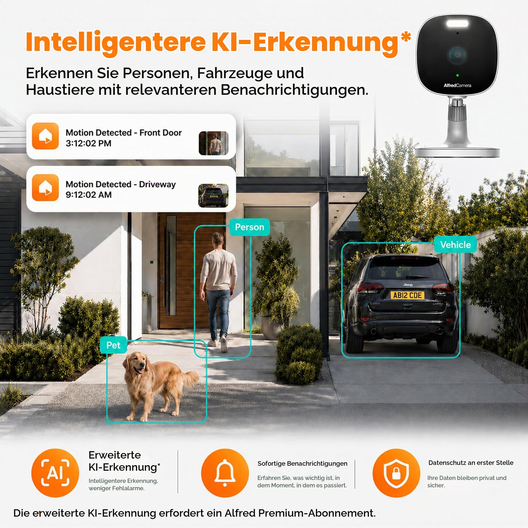 AlfredCam Plus 2 Außenkamera, 5GHz WLAN, Magnetmontage, inkl. 64GB SD | IP65 Wetterschutz, Farb-Nachtsicht, LED-Scheinwerfer, KI-Bewegungserkennung, Dual-Band WLAN, Zwei-Wege-Audio, Haustierkamera