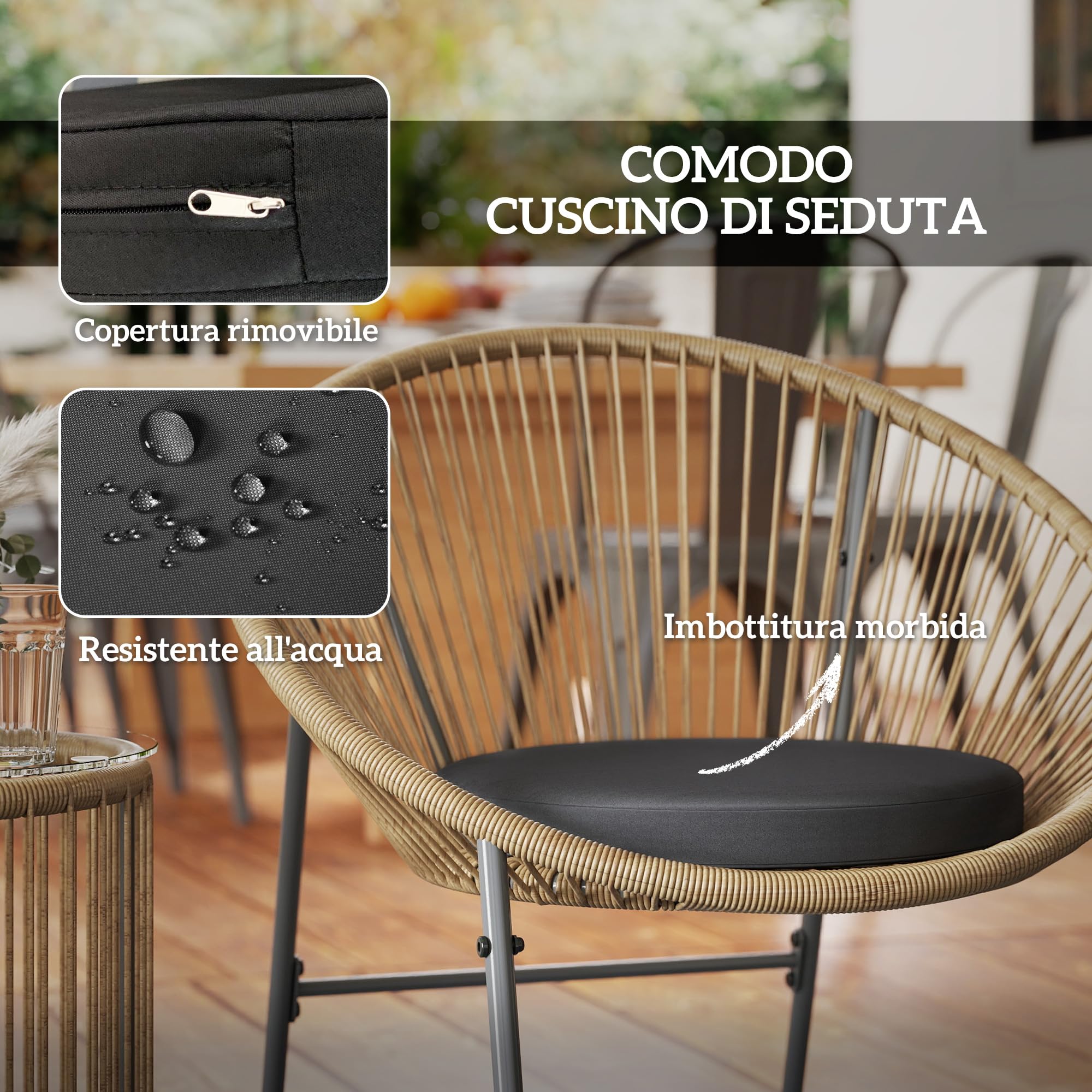 Outsunny Set da Giardino 3 Pezzi Rattan PE Acciaio, 2 Sedie Cuscini Lavabili Tavolino Caffè Vetro, Mobili Balcone Patio Cortile