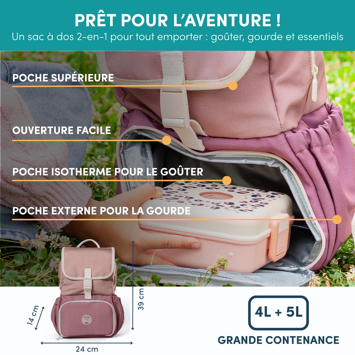 monbento - Sac Isotherme Enfant 2-en-1-9L - pour le Goûter - Rose