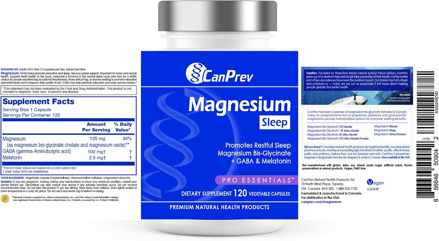 CanPrev Magnesium Bisglycinate Chelated + GABA & Melatonin, 120 Veg Caps, 120-Day Supply, Support Restful Night, Muscle Function, Promote Relaxation & Balanced Sleep-Wake Cycle, Vegan, No GMO & Gluten