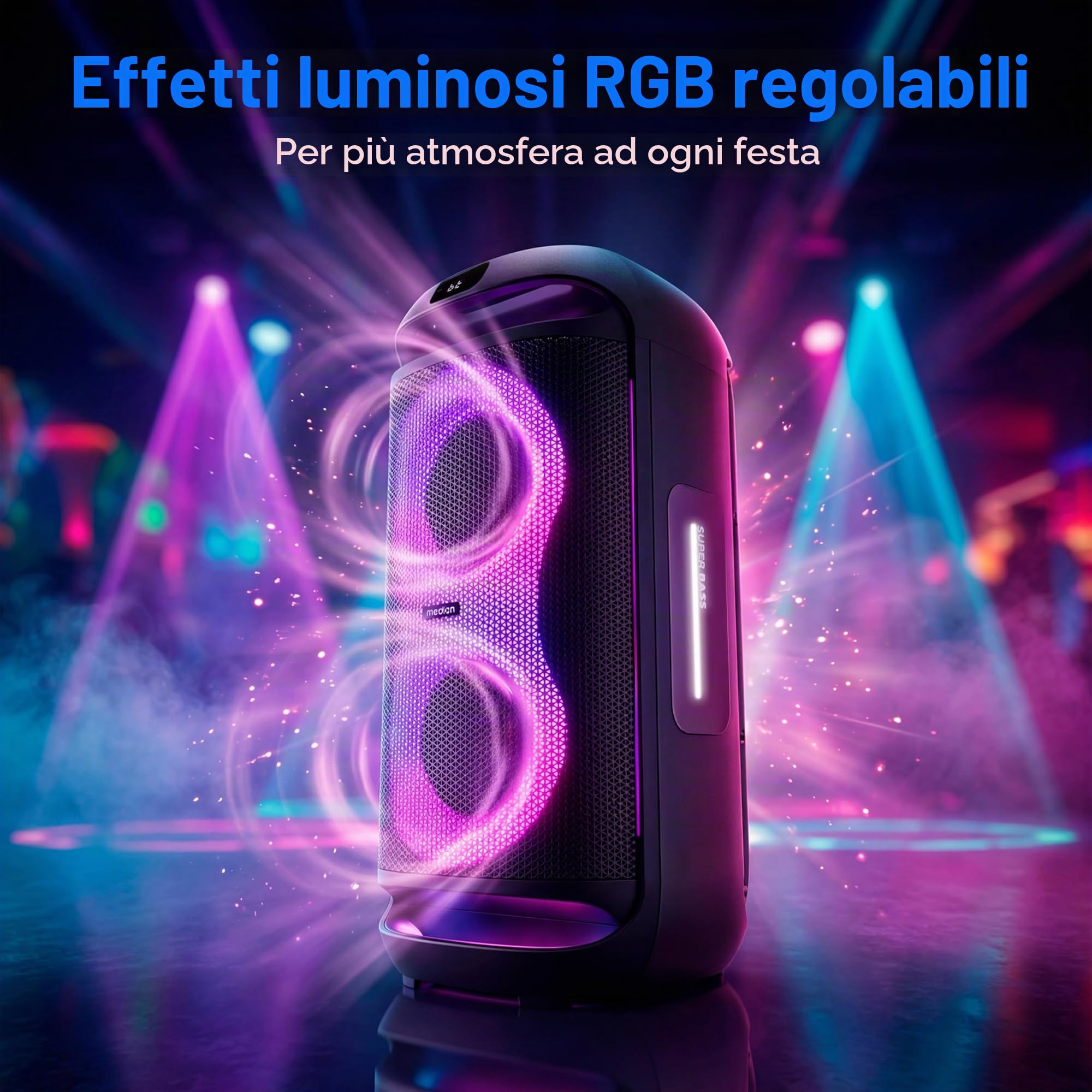 MEDION PE-2 Plus Partybox a batteria con microfono - cassa grande | Altoparlante party karaoke, effetti luce, ingressi microfono e chitarra, Bluetooth portatile, AUX, USB