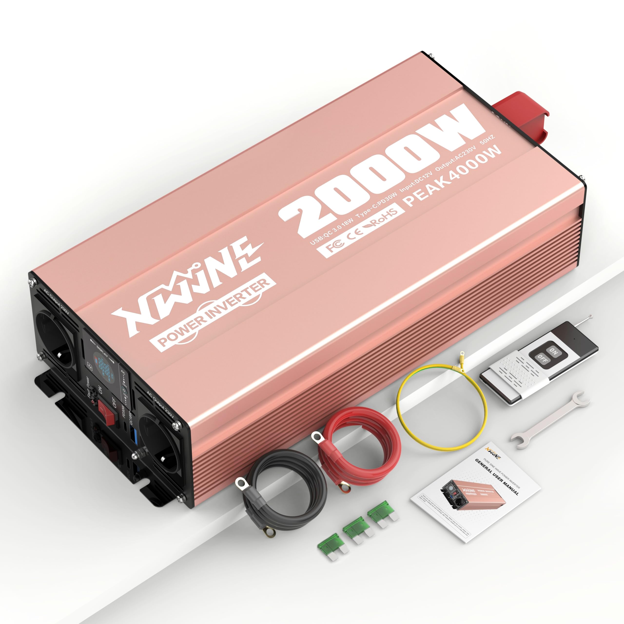 XWJNE Spannungswandler 12V auf 230V, 2000W Reiner Sinus Wechselrichter mit AC-Steckdose, USB-A & USB-C, LCD-Display, für Auto, Wohnmobil & LKW