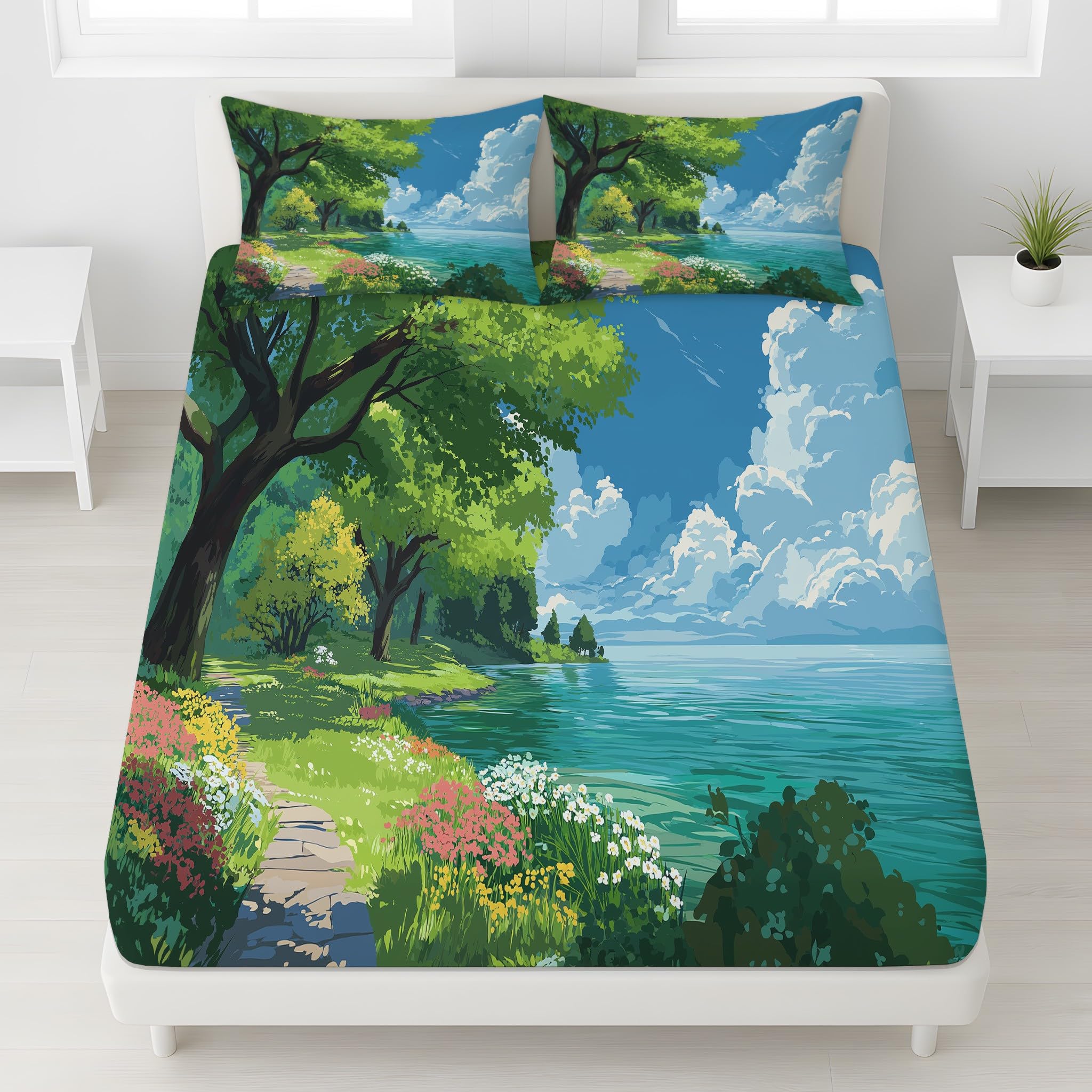 Drap-housse 140x200 microfibre paysage bleu avec bonnet de 30 cm