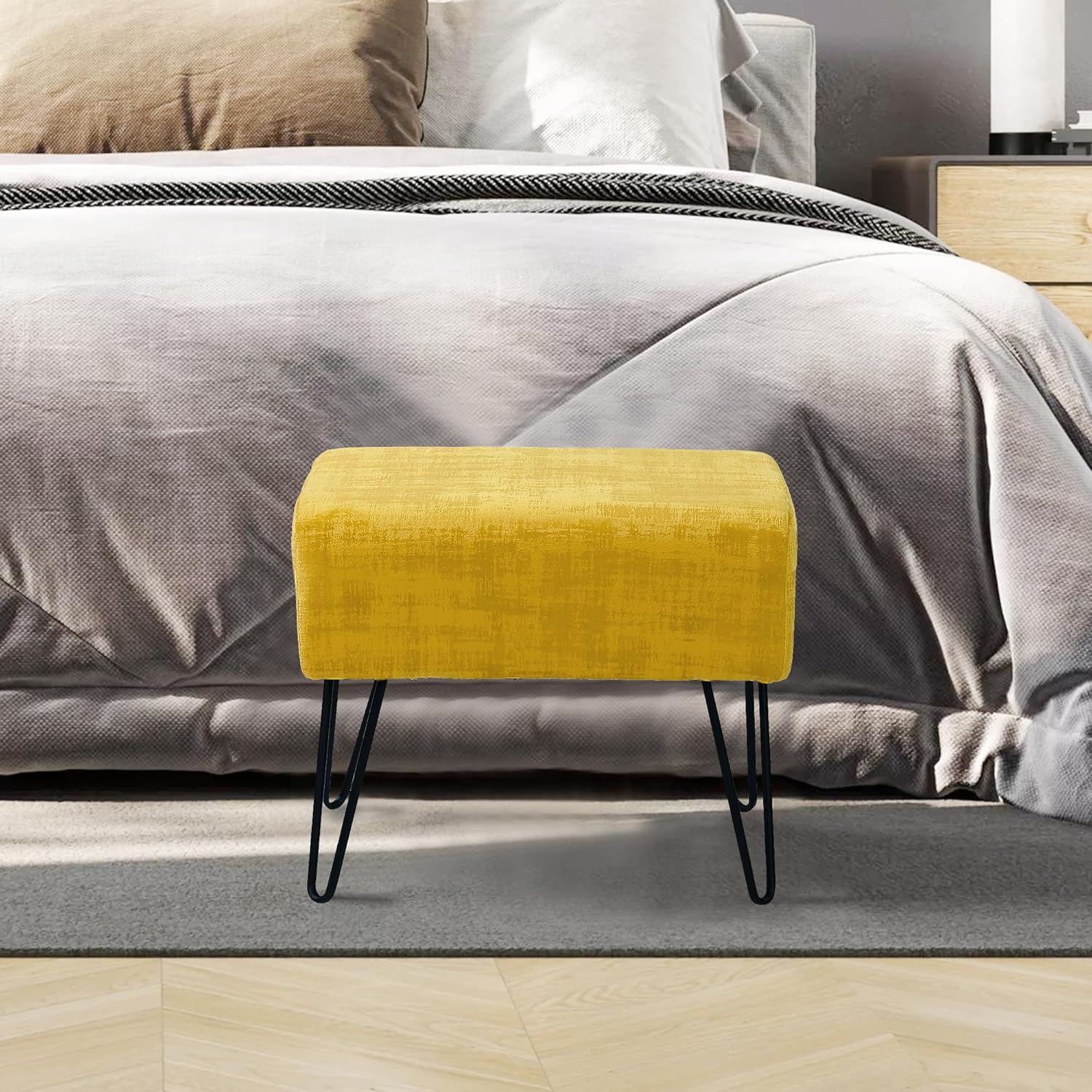 Home Soft Things Yellow Textured Velvet Ottoman, 19" x 13" x 17" H, Sulphur, Fuzzy Entry Way Ottoman Bench for Living Room Bedroom End of Bed Decorative Makeup Stool Foot Rest Chair Home Décor