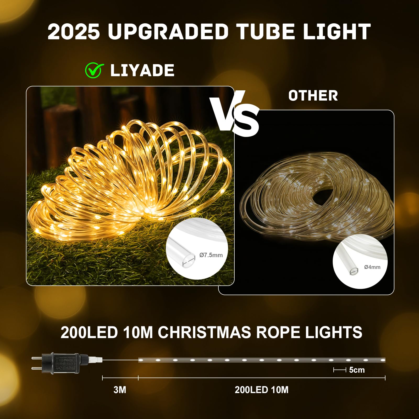 10M 200 LEDs Lichterschlauch mit Fernbedienung, Ø7.5mm Dicker Lichterkette Aussen IP65 Wasserdicht 8 Modi Dimmbar & Timer, Led Leuchtschlauch Für Innen & Außen Weihnachten Garten Party Hochzeit Deko