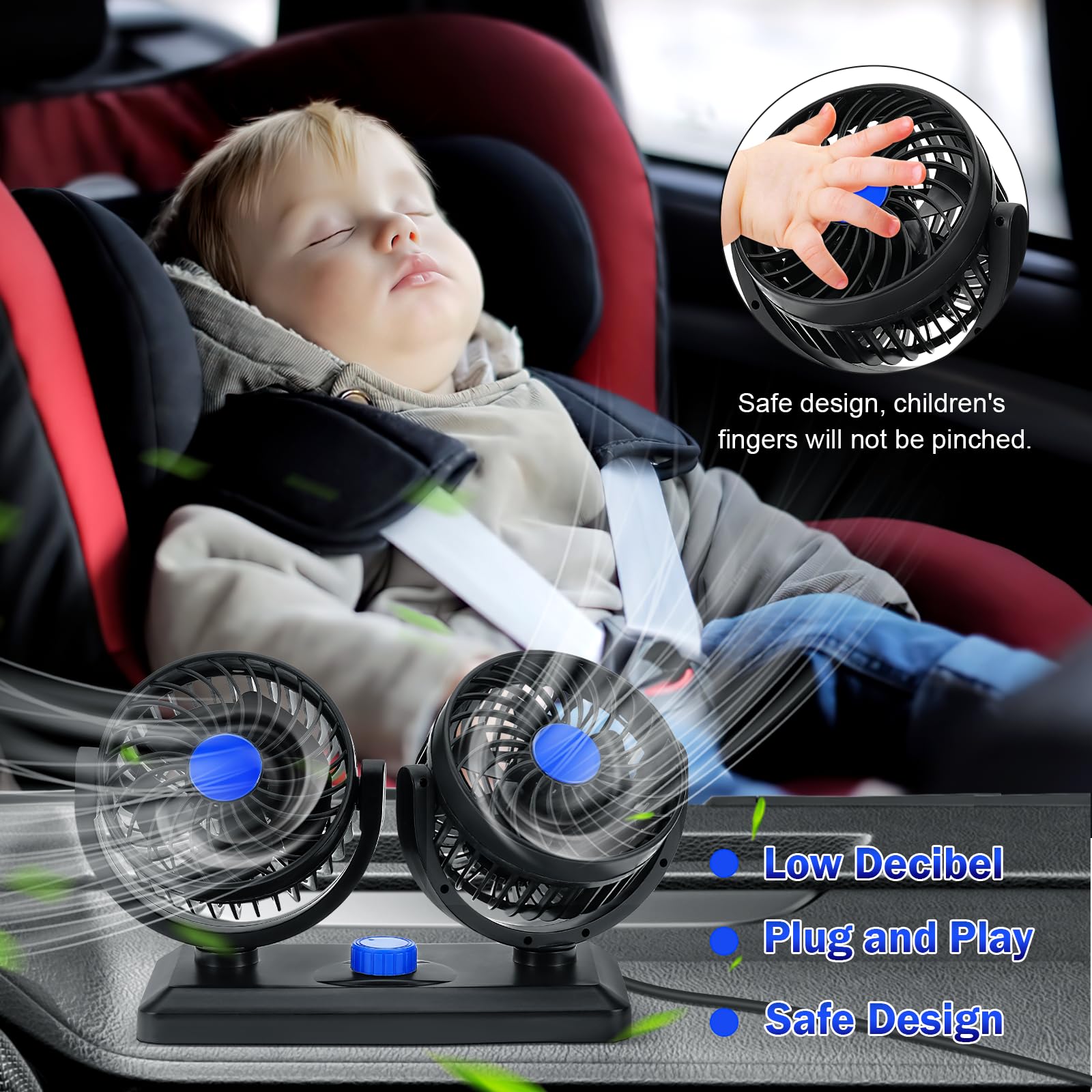 Ventola di raffreddamento portatile per auto, ventola a doppia testa per auto da 12V/24V con ventola di raffreddamento elettrica a 2 velocità regolabile a rotazione di 360° (12V blu)