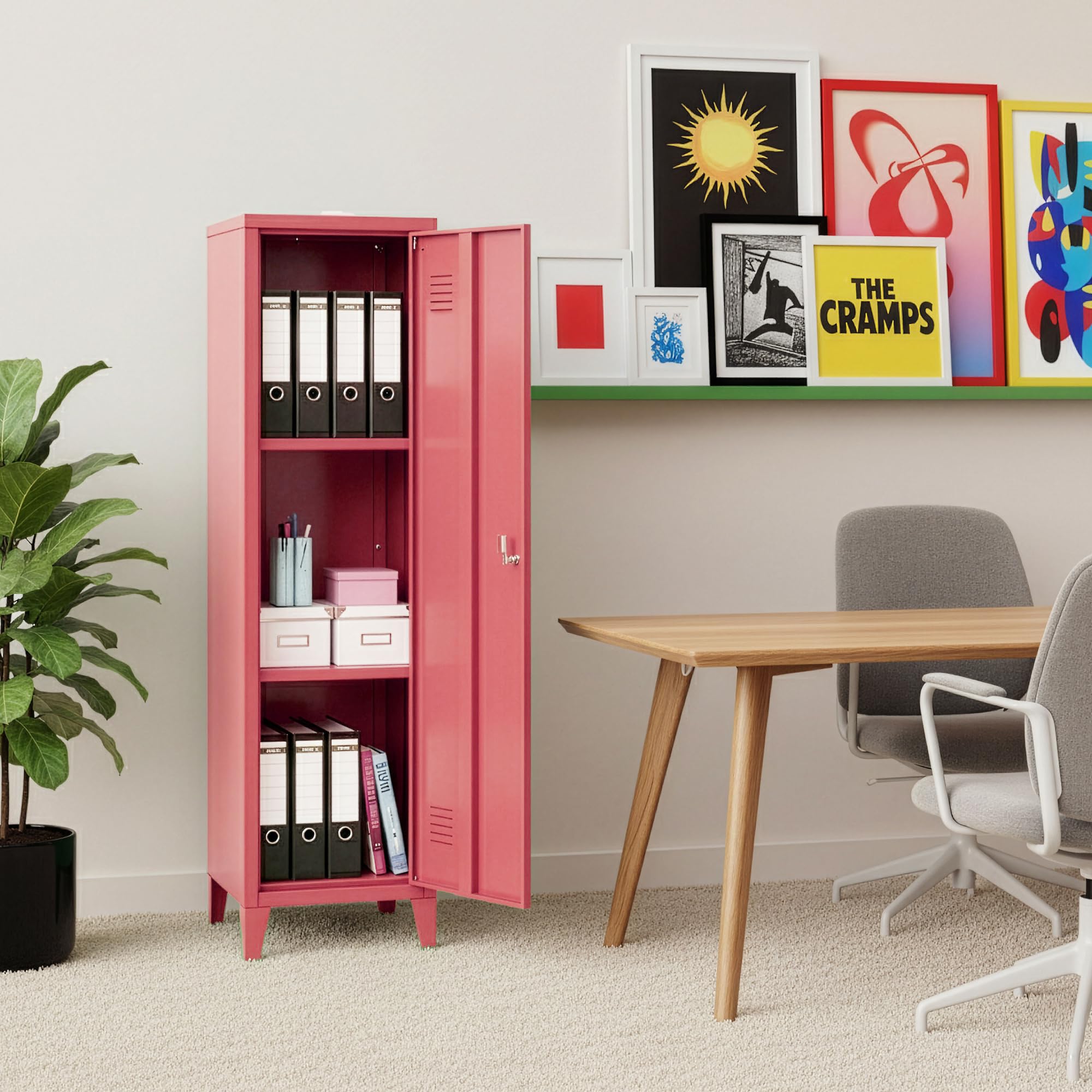 [en.casa] Casillero Metálico Kurikka con 2 Llaves Guardarropa Armario de Taquilla con 3 Compartimientos Cerradura Magnética y Patas 137 x 38 x 38 cm Acero - Rojo sandía