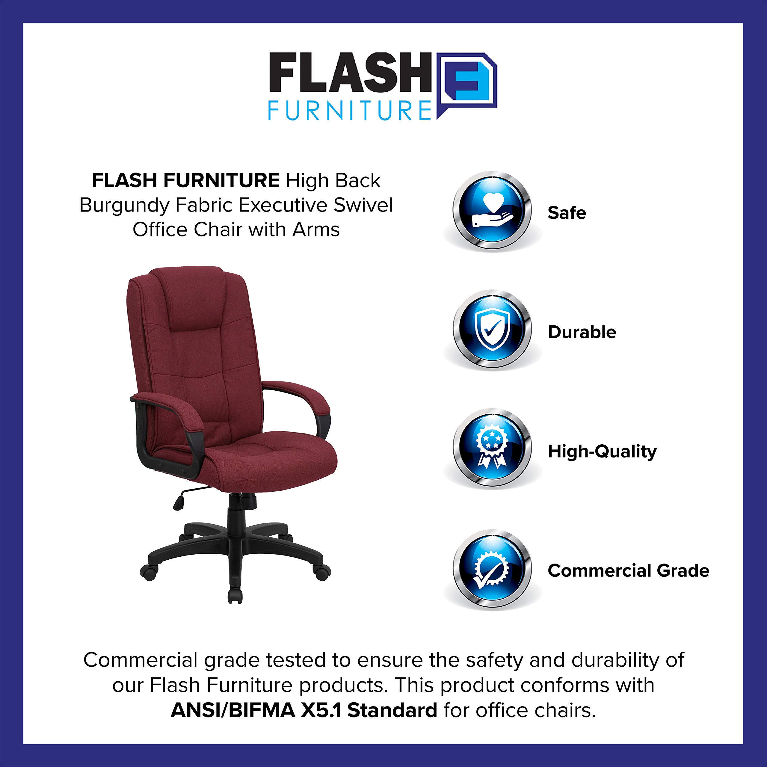 Flash Furniture Chaise de Bureau pivotante exécutive Jessica à Dossier Haut en Tissu Bordeaux avec accoudoirs