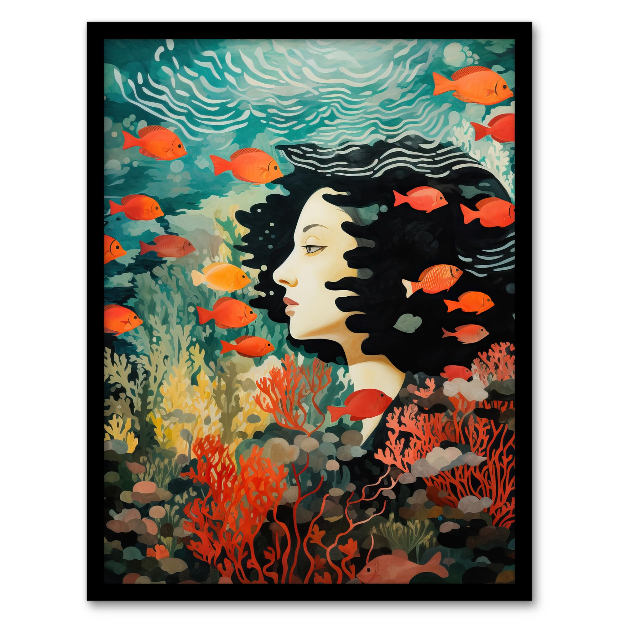 Wee Blue Coo Sleeping With Fishes Underwater Dream Artwork Framed Wall Art Print 18X24 Inch