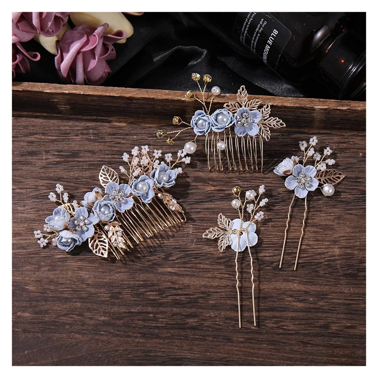 Forcina Cinese Set di 4 pettini for capelli con fiori cristallo e forcine for, perle strass, set gioielli da sposa, accessori for nozze(Pink)