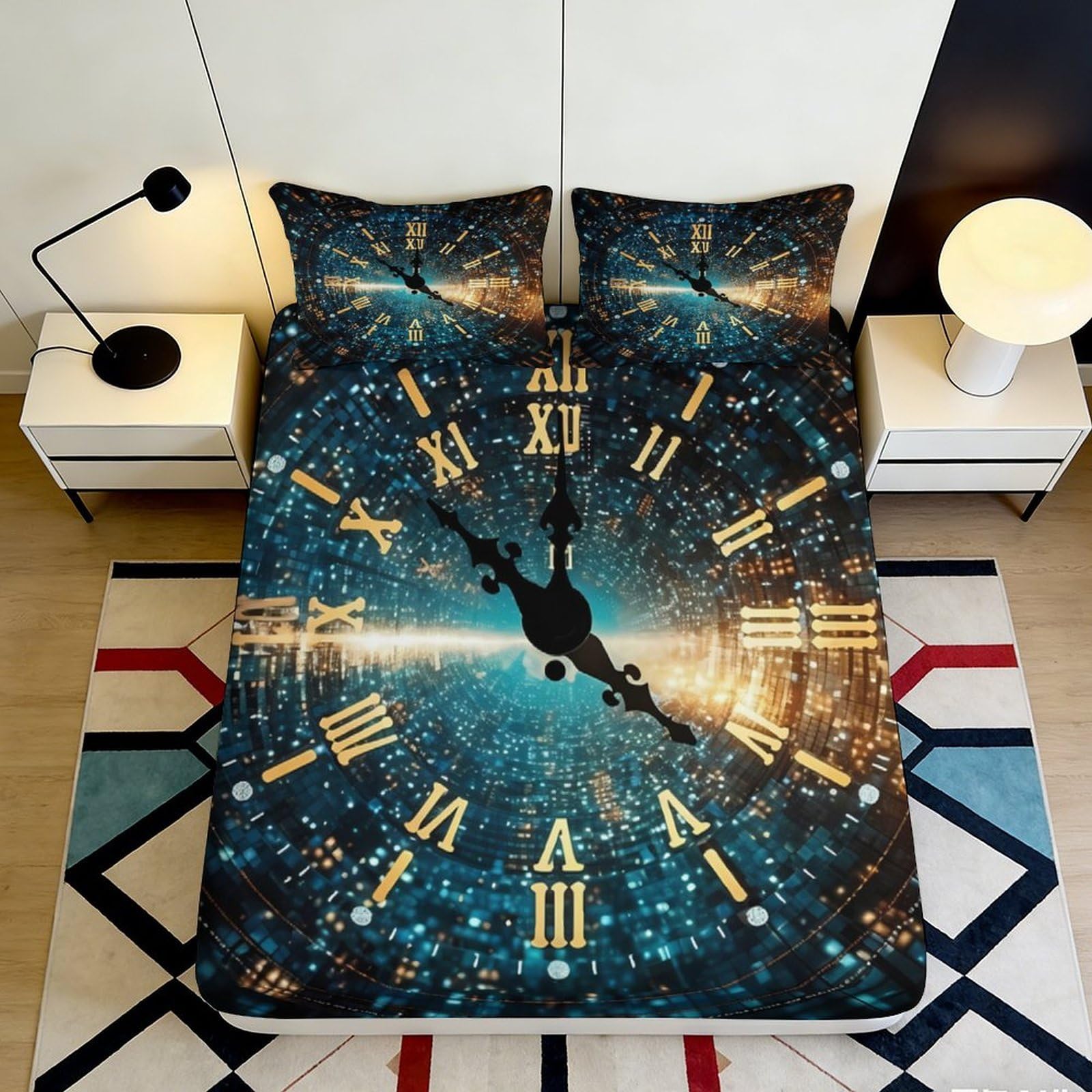 3D Printed Clock Face Fitted Sheet Microfiber Soft Artistic Time Bed Cover for Bedroom Dorm Guest Room Decor 90x200x25cm