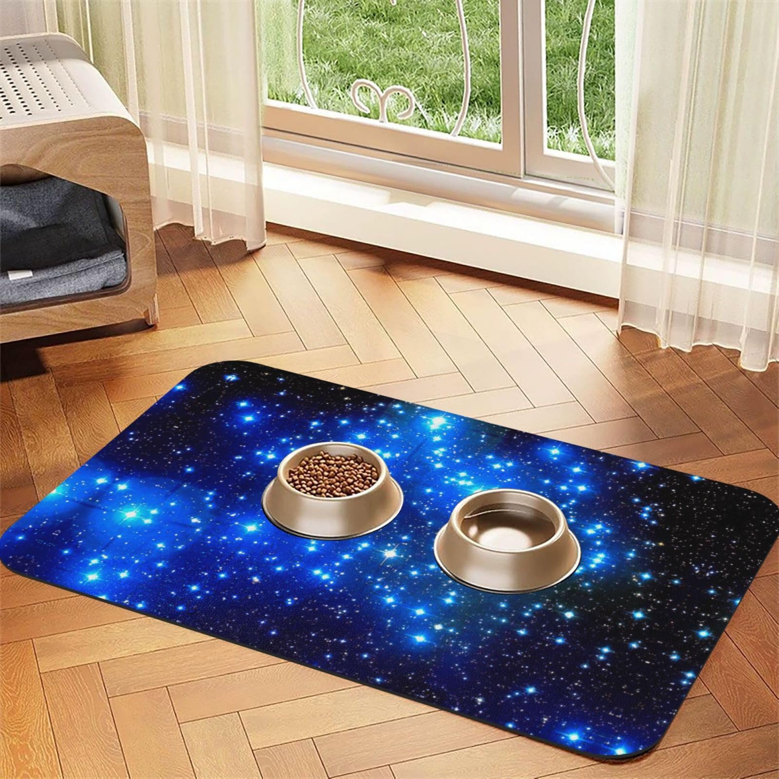 Tapis de nourriture pour chien en cuir PU absorbant et antidérapant avec motif étoiles bleues