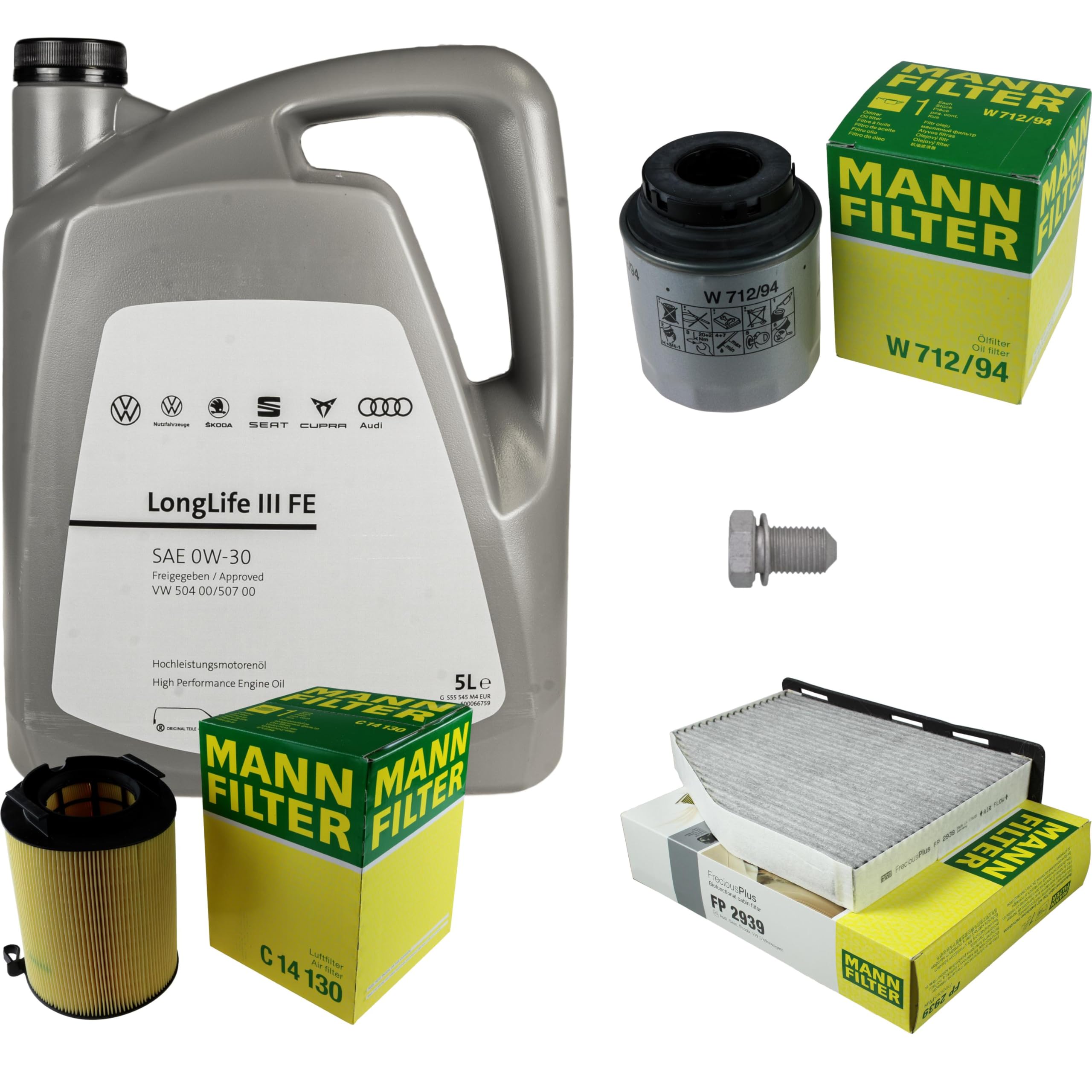 Pacchetto di ispezione pacchetto di manutenzione filtro con 5 l 0W-30 olio motore LongLife 3 FE, filtro dell'olio, filtro dell'aria abitacolo (carbone attivo) vite di scarico dell'olio