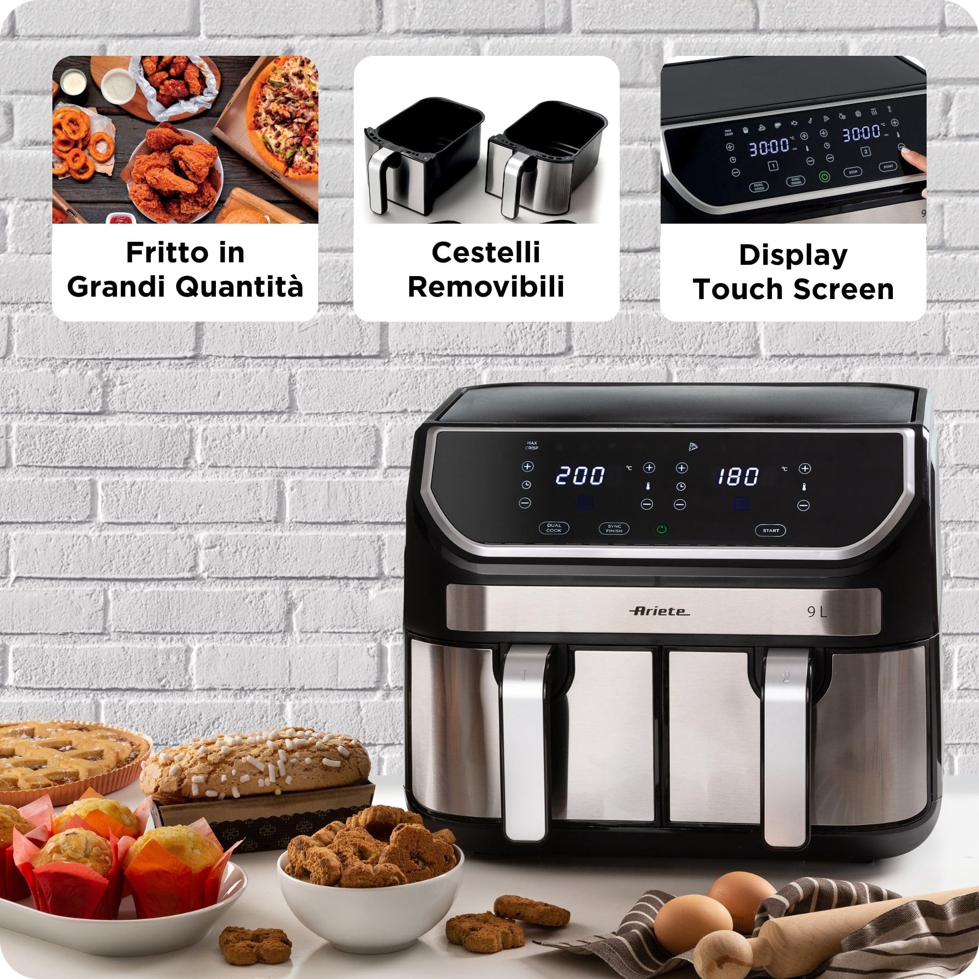 Ariete 4625 Friggitrice ad aria 9L, 2100W, Capacità 9L, Doppio cestello, Capacità di cottura 3,6kg, 11 programmi preimpostati, Funzione Max Crisp, Temperatura fino a 200°C, Antiaderente, Silver