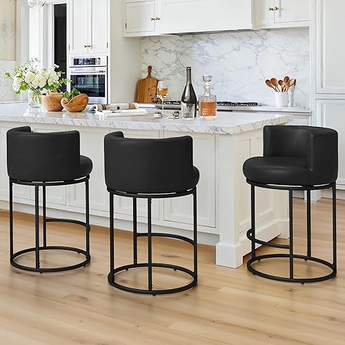 LUE BONA 26.8" Counter Height Bar Stools Set of 3, 180° Swivel Bar Stools, Modern Barrel Counter Stools with Back and Metal Frame, Faux Leather Upholstered Barstools for Kitchen Island, Black