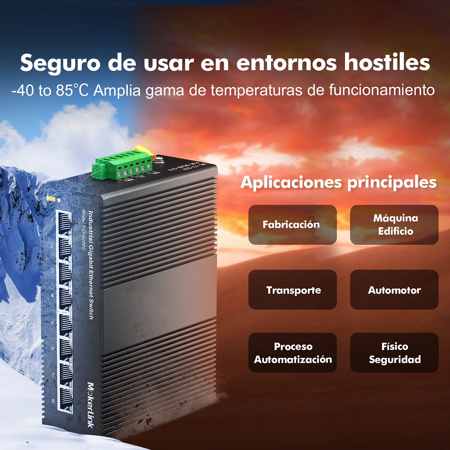 mokerlink 8 Puertos Gigabit Ethernet Switch Industrial de Carril DIN, Capacidad de Conmutación de 16Gbps, No Administrado IP40 (-40 a 185 °F), con Fuente de Alimentación
