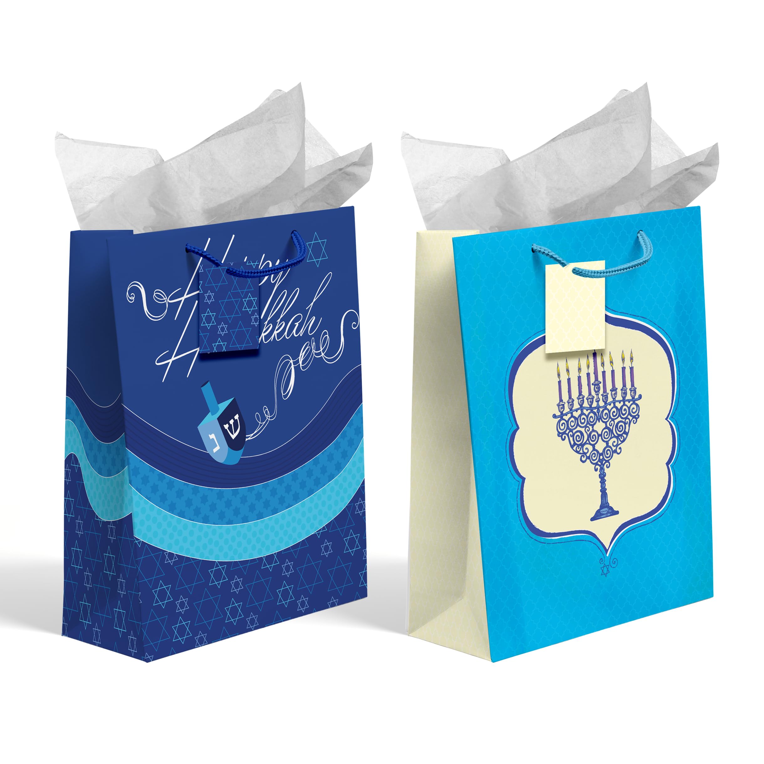 Designer Greetings Glitterwrap™ 12 PC Lit-Up Menorah and “Happy Hanukkah” Dreidel Gift Bags (10” Medium Bags with Hang Tags) for Hanukkah or Chanukah