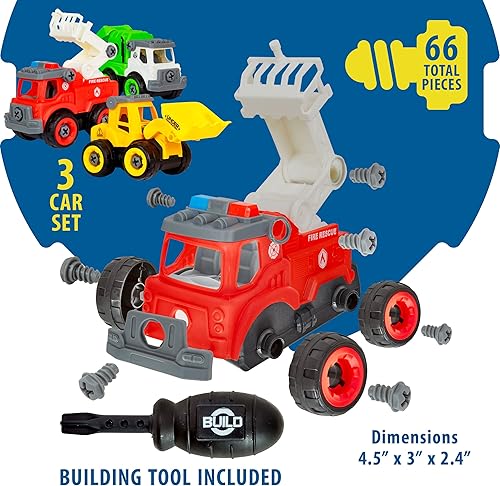 Miniatura 4 de Power Gearz - Juguete desmontable con destornillador y tornillos, paquete de 3 camiones para niños y niñas, camión de bomberos, camiones de basura