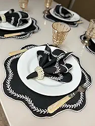 Kit Jogo Americano Paris Com Guardanapo Bordado Mesa Posta Sousplat (Preto Bord Branco, 4 Peças)