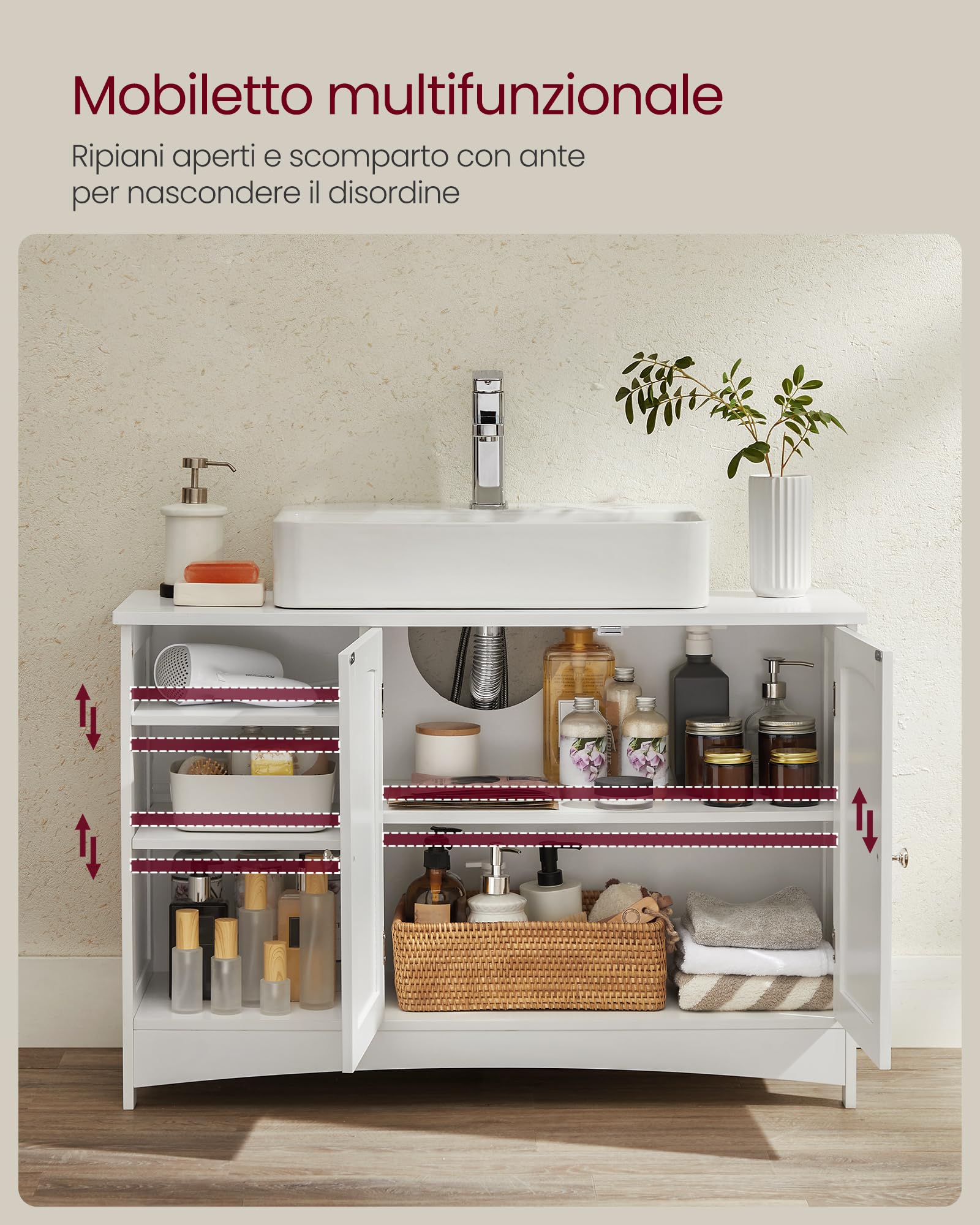 VASAGLE Mobile Sottolavabo, Mobiletto da Bagno, Extra Lungo, 30 x 90 x 60 cm, Armadietto da Bagno con Anta Doppia e Scaffale Aperto, Ripiani Regolabili, Bianco BBC410P31