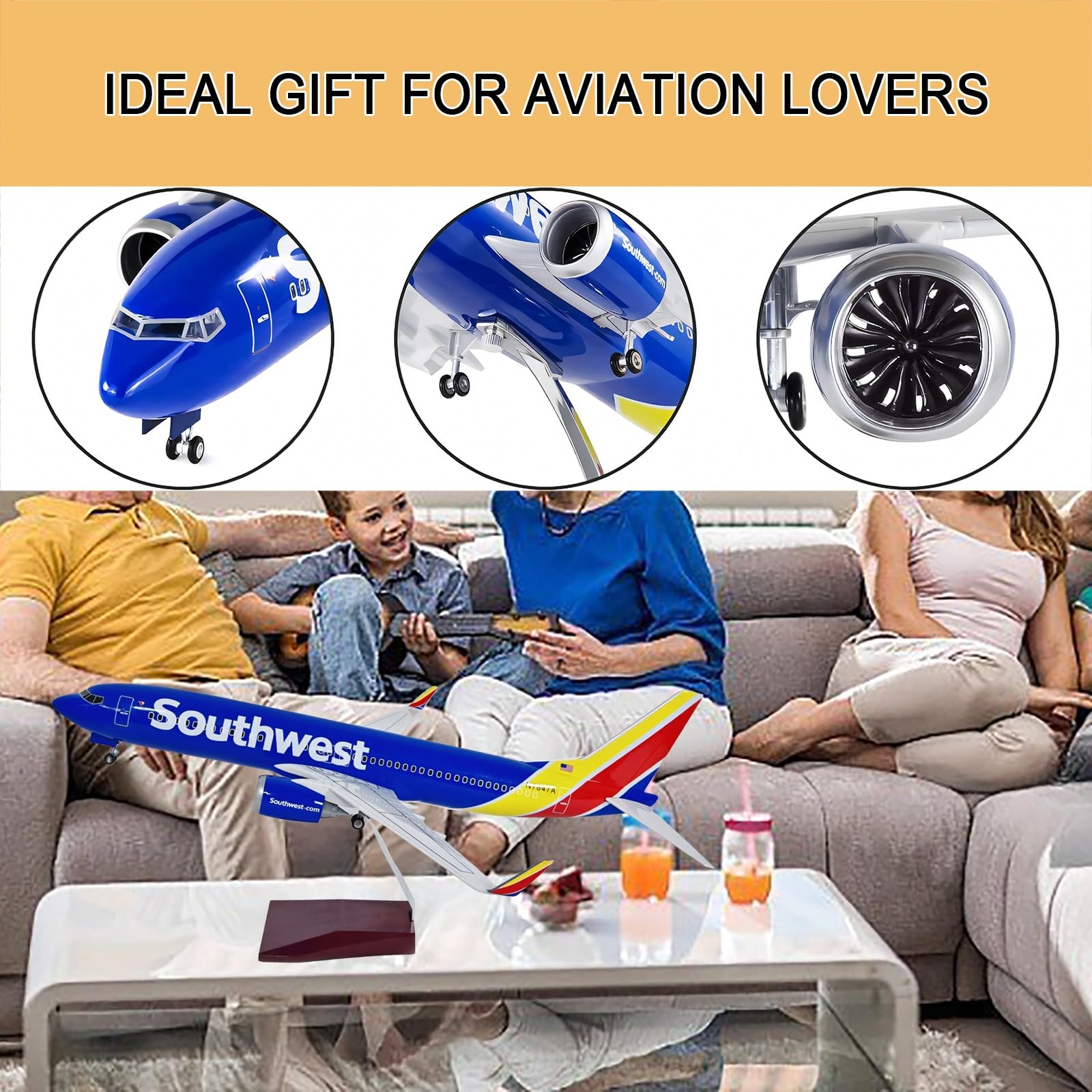 Modello simulazione lega solida Southwest Airlines B737 47 cm con carrello atterraggio retrattile, ruote girevoli luci, pezzo collezione for appassionati aviazione(No light)