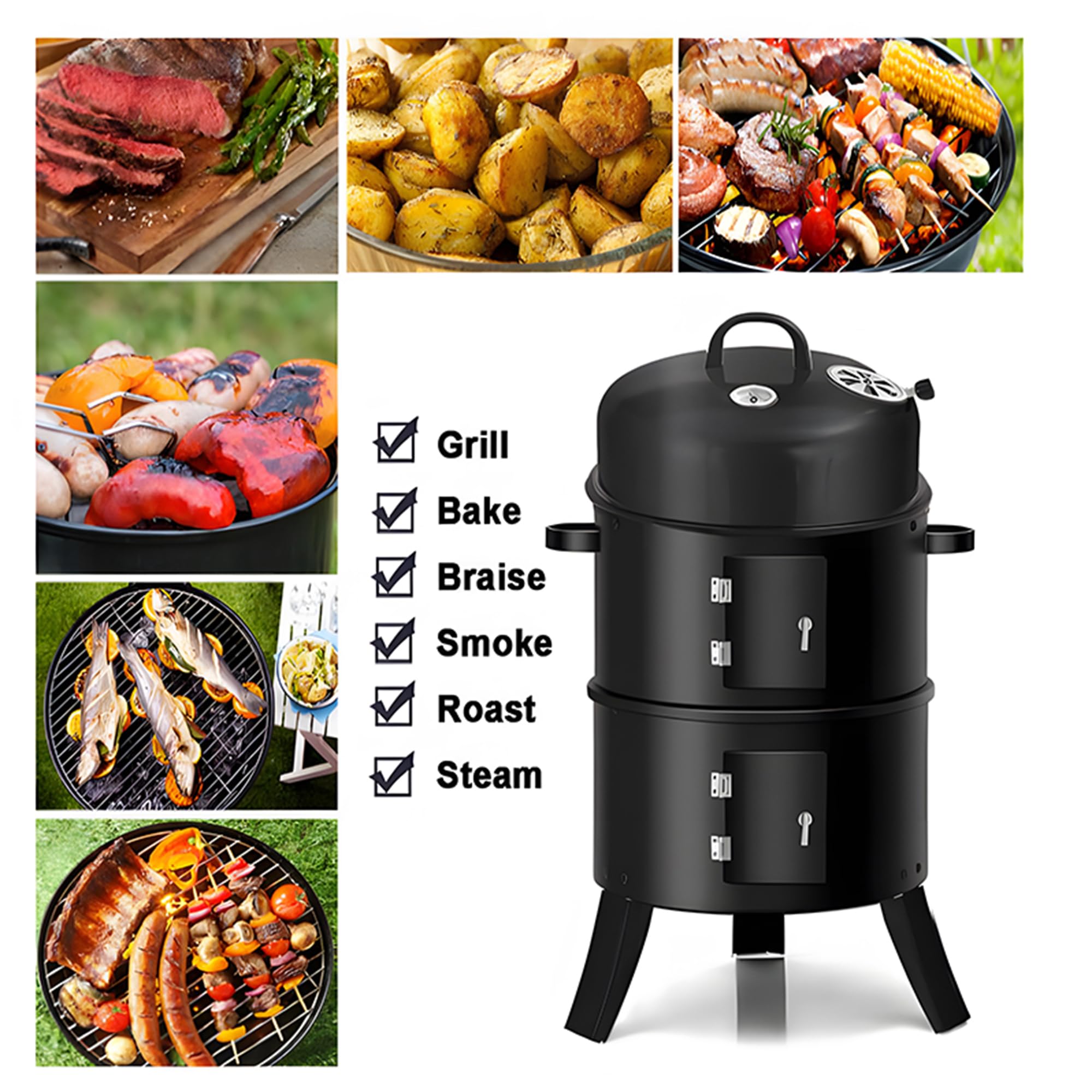 Przenośny Grill Węglowy Z Termometrem I Rusztem Do Podgrzewania, Ze Stali Nierdzewnej, Idealny Na Imprezy Kempingowe, Do Gotowania I Grillowania Na Świeżym Powietrzu