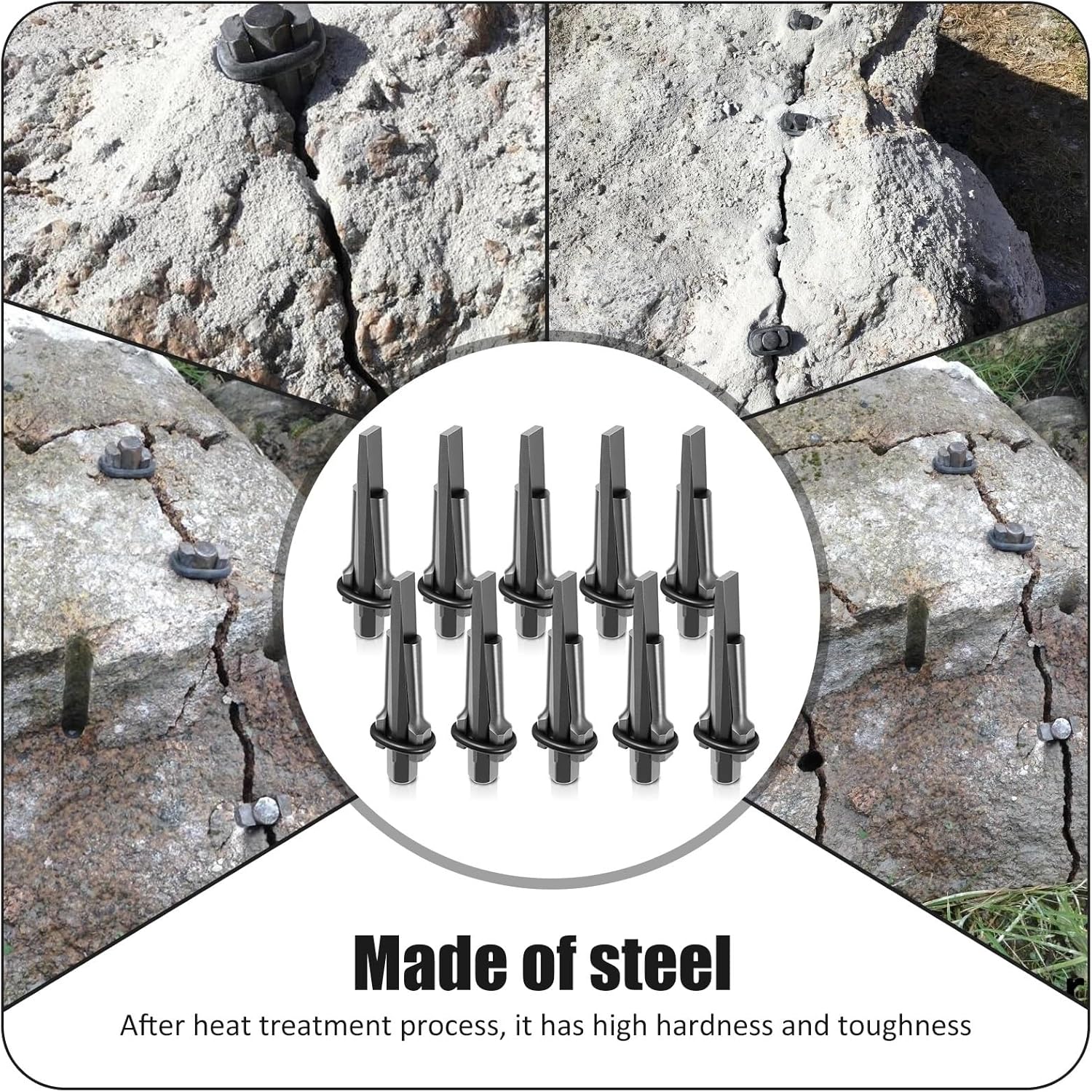 Rock Splitting Wedges 5Piece Heavy Duty Steel Rock Splitting Wedge and Shim Set for Concrete & Stone, 5/8"