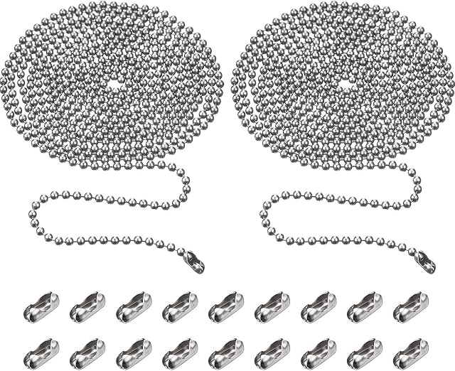 2 Pieces 3.2 mm Beaded Pull Chain Extension with Connector, Each 3 Meter Beaded Roller Chain with 10 Matching Connectors (Silver)