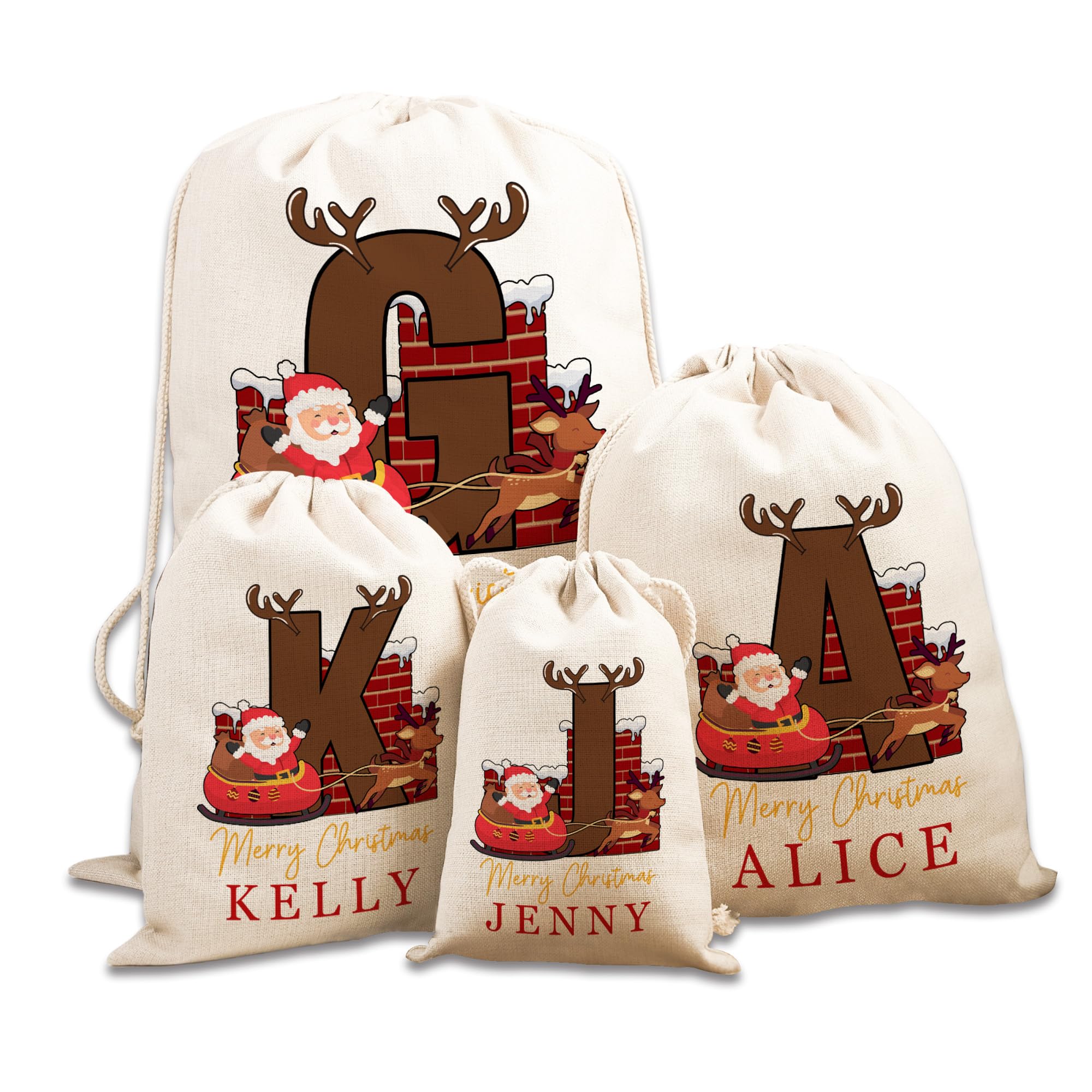 GMDLSK Personalised Santa Sack with Initial Name, Custom Christmas Natural Cotton Sack Bag Extra Large with Drawstring, Gift Bags for Holiday Presents, Christmas Eve Box