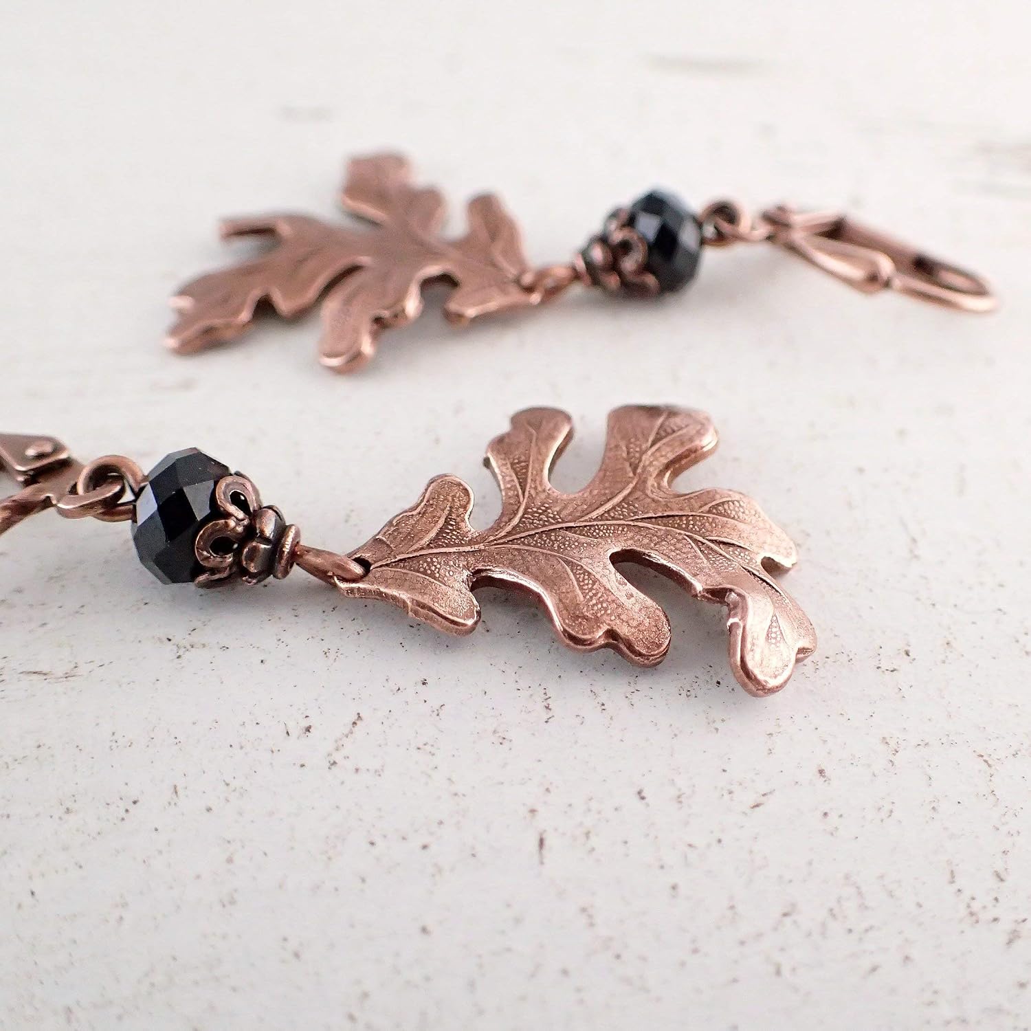 Wild Oak Leaf Lever Back Earrings with Black Crystal Beads