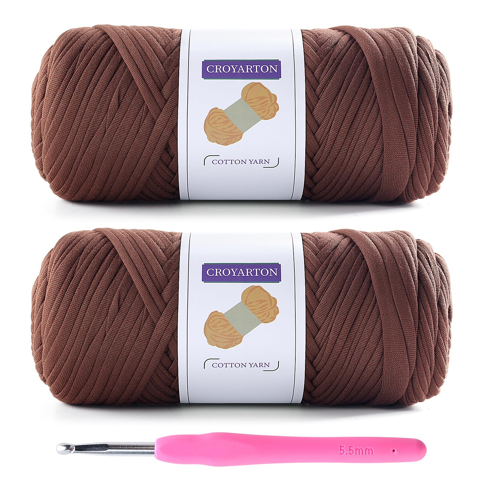Coffee Color Elastic T-Shirt Yarn for Crochet - Two Pack with 1 Hook. Thick Spaghetti Yarn, 130 Yds Long, 14 Oz