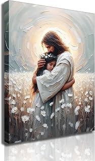 Christian Canvas Wall Art -His Love- Jesus Hugging Girl Painting Safe Haven Posters Bible Prints Jesus Picture Jesus with Children Wall Decor framed