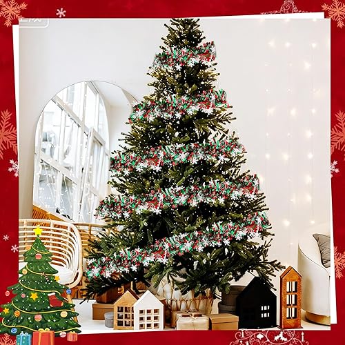 Miniatura 5 de Guirnalda de oropel metálica de Navidad de 65.6 pies con cinta roja verde y copo de nieve, decoraciones de oropel colgante para árbol de Navidad,