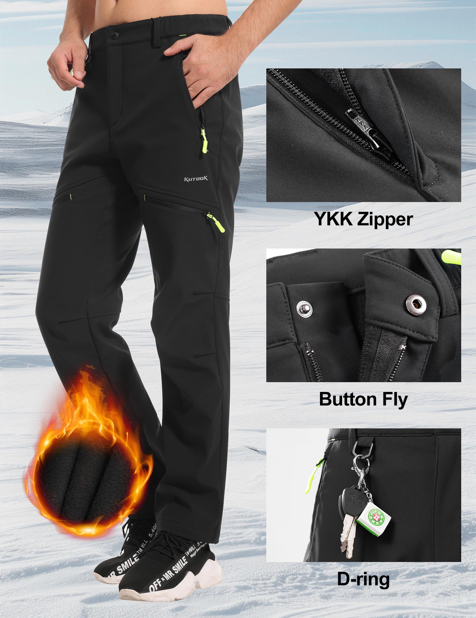 KUTOOK Pantalones Trekking Hombre Invierno Impermeable Térmico Forro Polar Cálido Pantalones de Esquí con 5 Bolsillos HP400