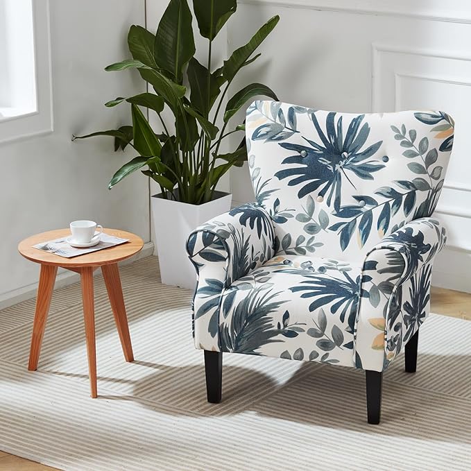 Sillón Tapizado Tela Alto Respaldo Brazos Madera Moderno Azul miniatura 8