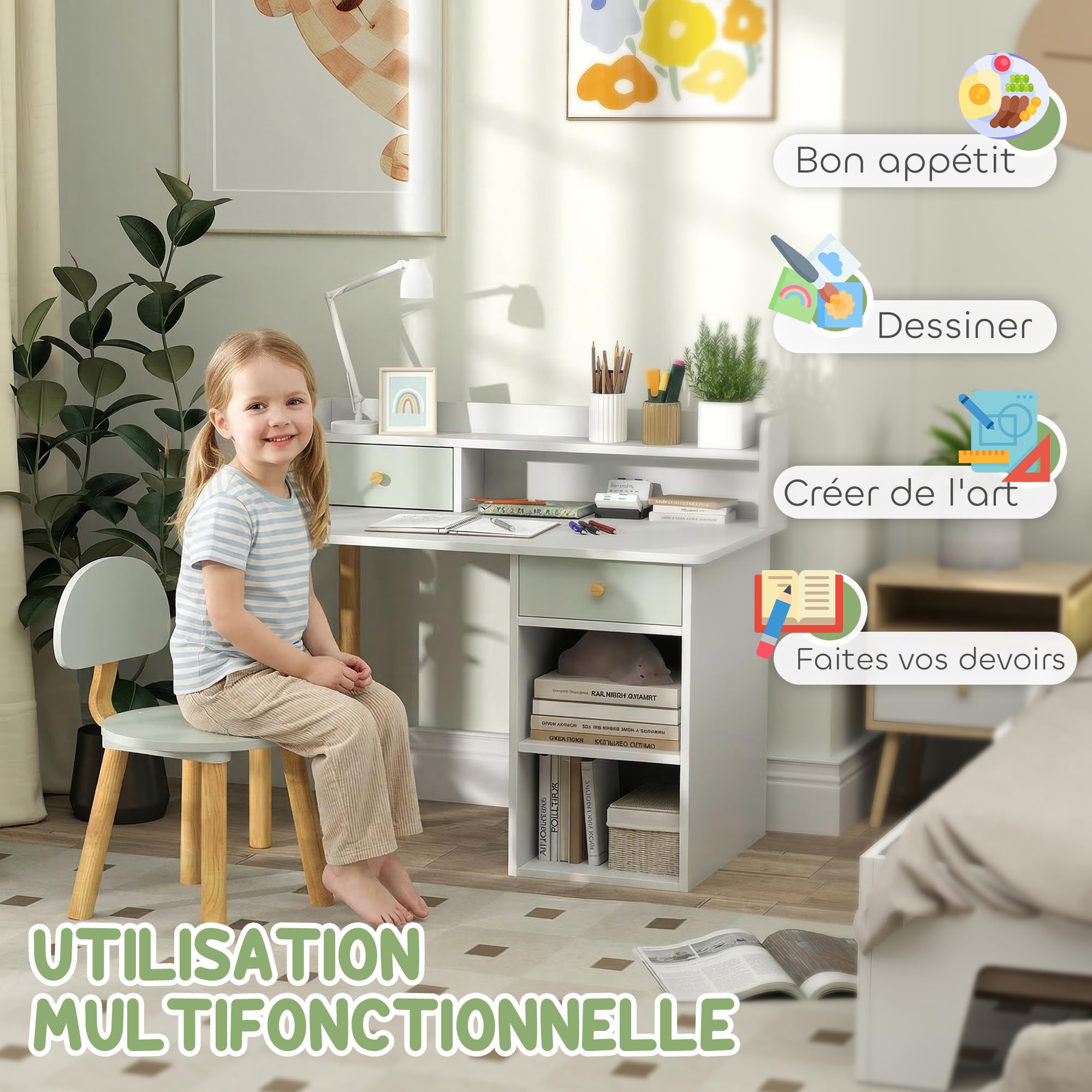 AIYAPLAY Bureau Enfant avec Chaise, Table et Chaise avec 2 Tiroirs, Large Plateau et Étagères Ouvertes, Table pour Étude, Travail et Écriture, pour Garçons et Filles de 3 à 8 Ans, 85x48x73cm, Vert