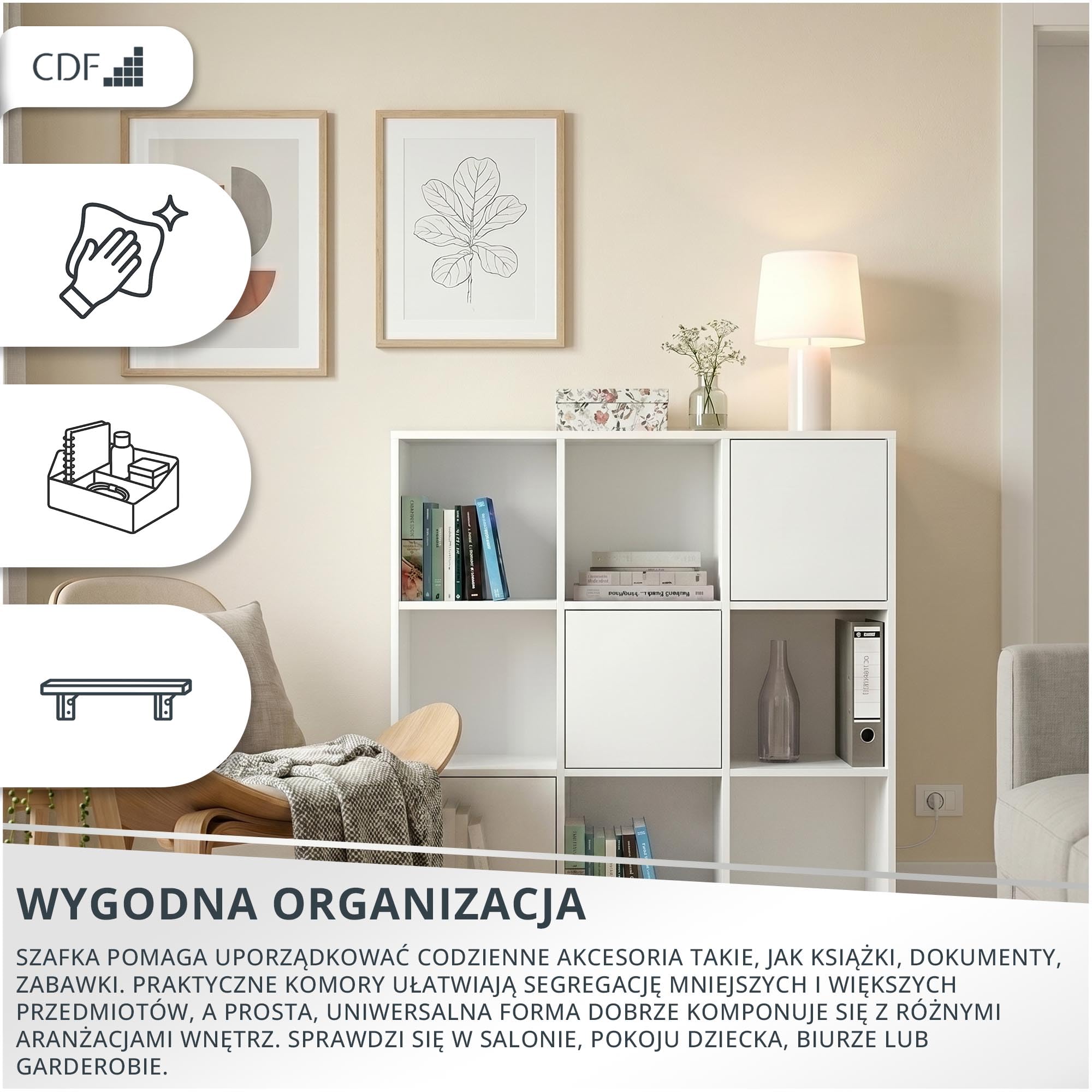 CDF Regał Komorowy Szafka Otwarte Półki 2x3 3x Drzwi do Salonu Sypialni Przedpokoju Pokoju Dziecięcego – na Dokumenty Segregatory Zabawki Dekoracje Nowoczesny - Zabudowany Malax 3x3 Biel Mat