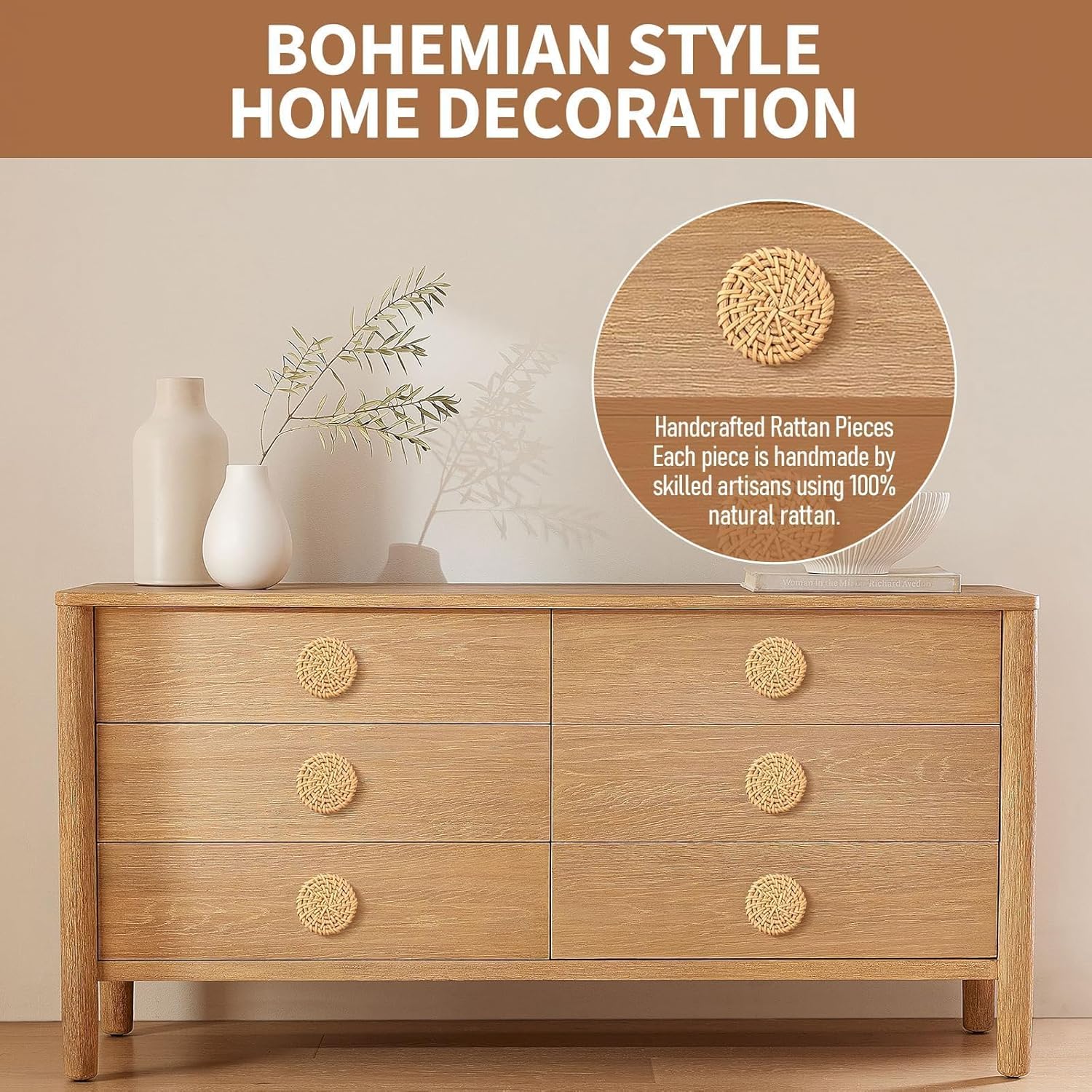 12 Pack Boho Wooden Rattan Dresser Knobs, Handmade Ratton Handles with 12 Screws, Beech Wood Drawer Pulls for Ktichen, Closet, Cabinet Decorative, Nursery, Furniture, Bathroom (Burlywood)
