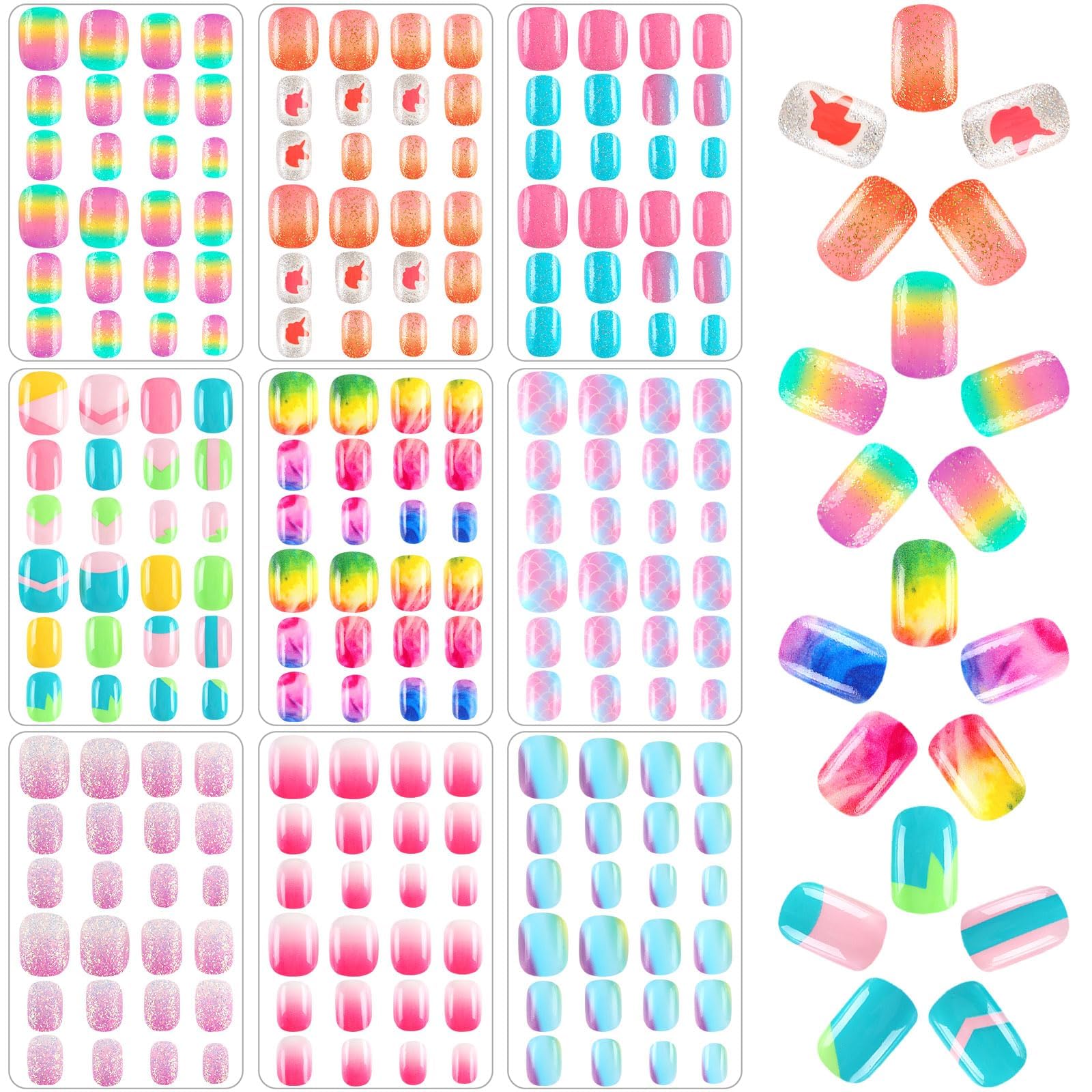 BOARDFEB 216Pcs 9 Pack Kids Press on Nails Grils Full Cover Short False Stick on Nail Tips for Kids Nail Art Decoration Christmas Birthday Valentine's