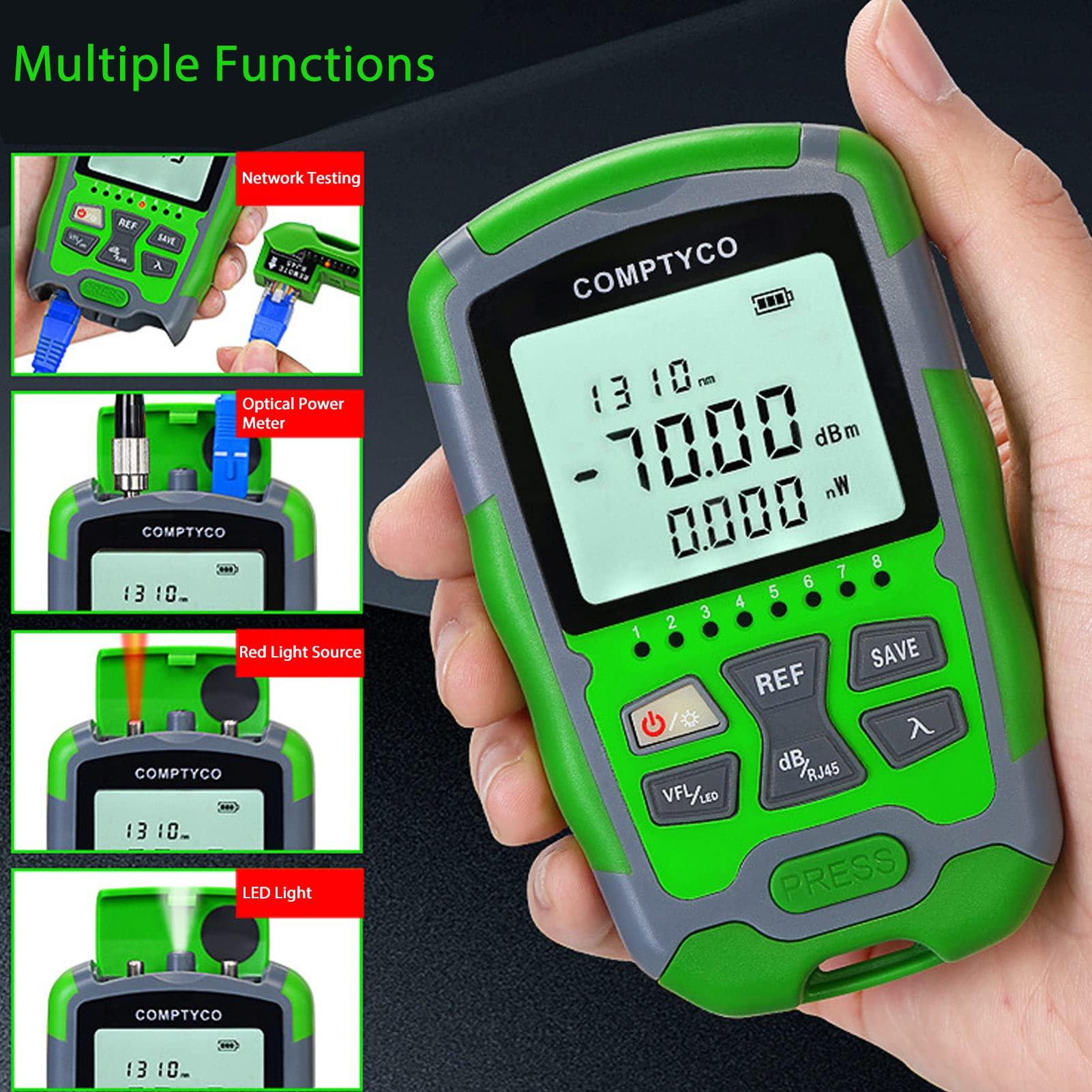 Jectse Optischer Leistungsmesser -70 ~ +10 dBm Glasfaser-Leistungsmesser mit Roter Lichtquelle, RJ45-Netzwerkprüfung, LED-Licht, Wiederaufladbare Batterie