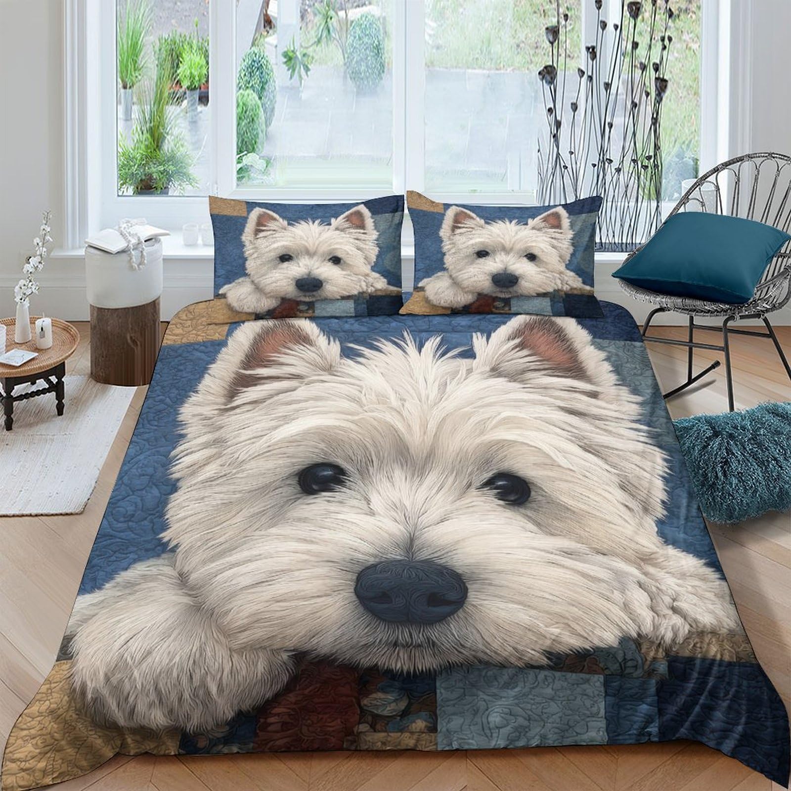 Ctjqhvkz Style-7 3D Printed White Westie Dog Fitted Sheet Microfiber Soft Blue Bed Cover For Bedroom Guest Room Mattress Decor Single（135X200cm）