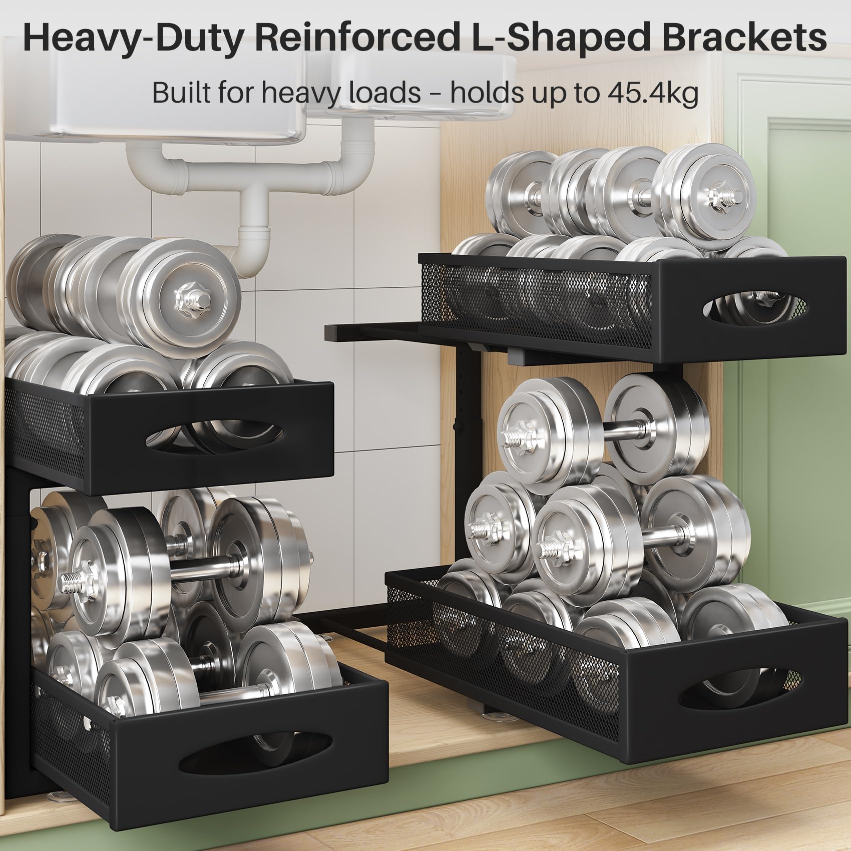 Kitstorack Organizador Bajo Fregadero de Metal - Estante con 2 Niveles y Cajones de Malla Deslizantes - Altura Ajustable Organizador Cocina para Cocina, Baño y Armario (Negro, 1 Unidad)