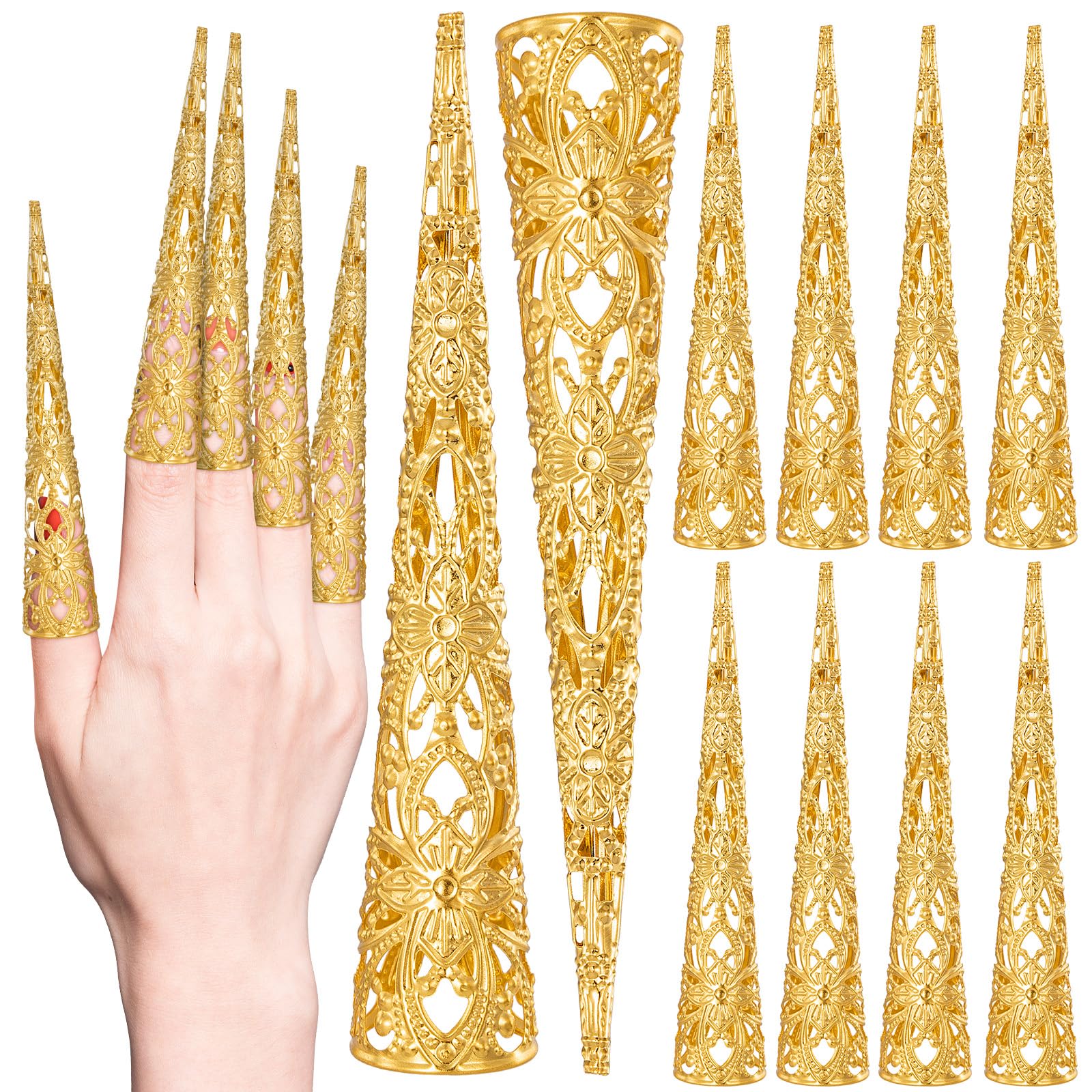 JSRQT 10 Pièces Doigt Ongle Griffe Anneaux Griffes pour Halloween Cosplay Métallique Faux Ongle Longs Doigt pour Costume d'ongle Déguisement Fingernail Claw Nail Rings Set Doré Ancienne Reine Costume