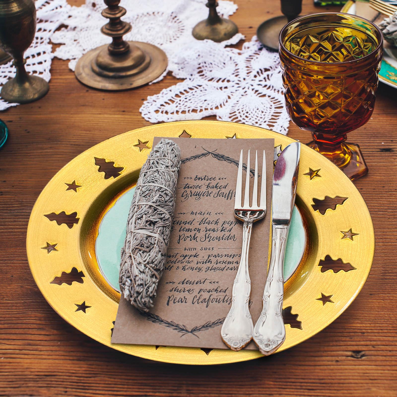 Platos de carga dorados para árbol de Navidad, reutilizables, calados, decoraciones de fiestas, cargadores redondos para platos de cena, elegantes centros de mesa, paquete de 6